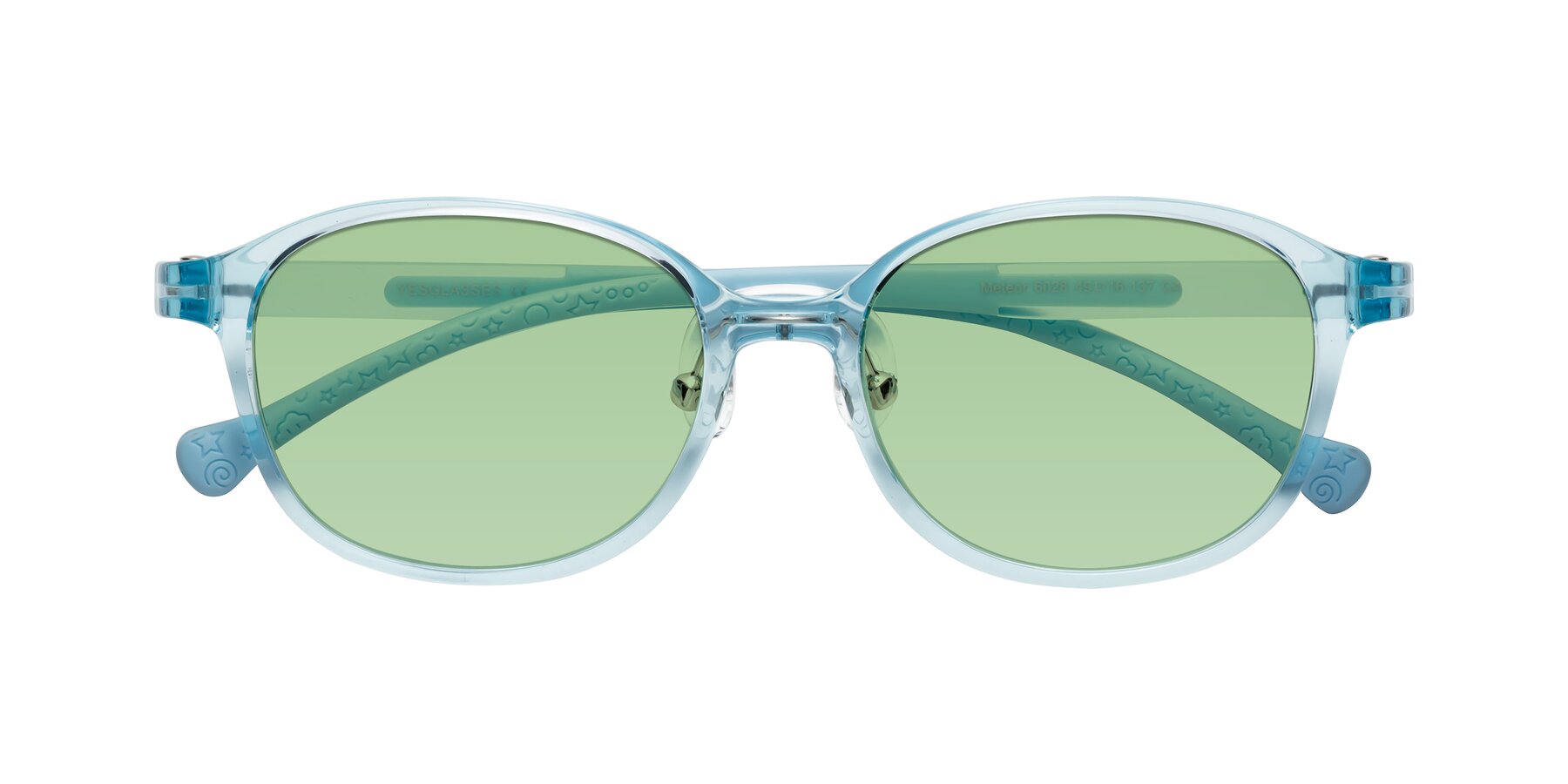 Folded Front of Meteor in Swimmer Blue with Medium Green Tinted Lenses