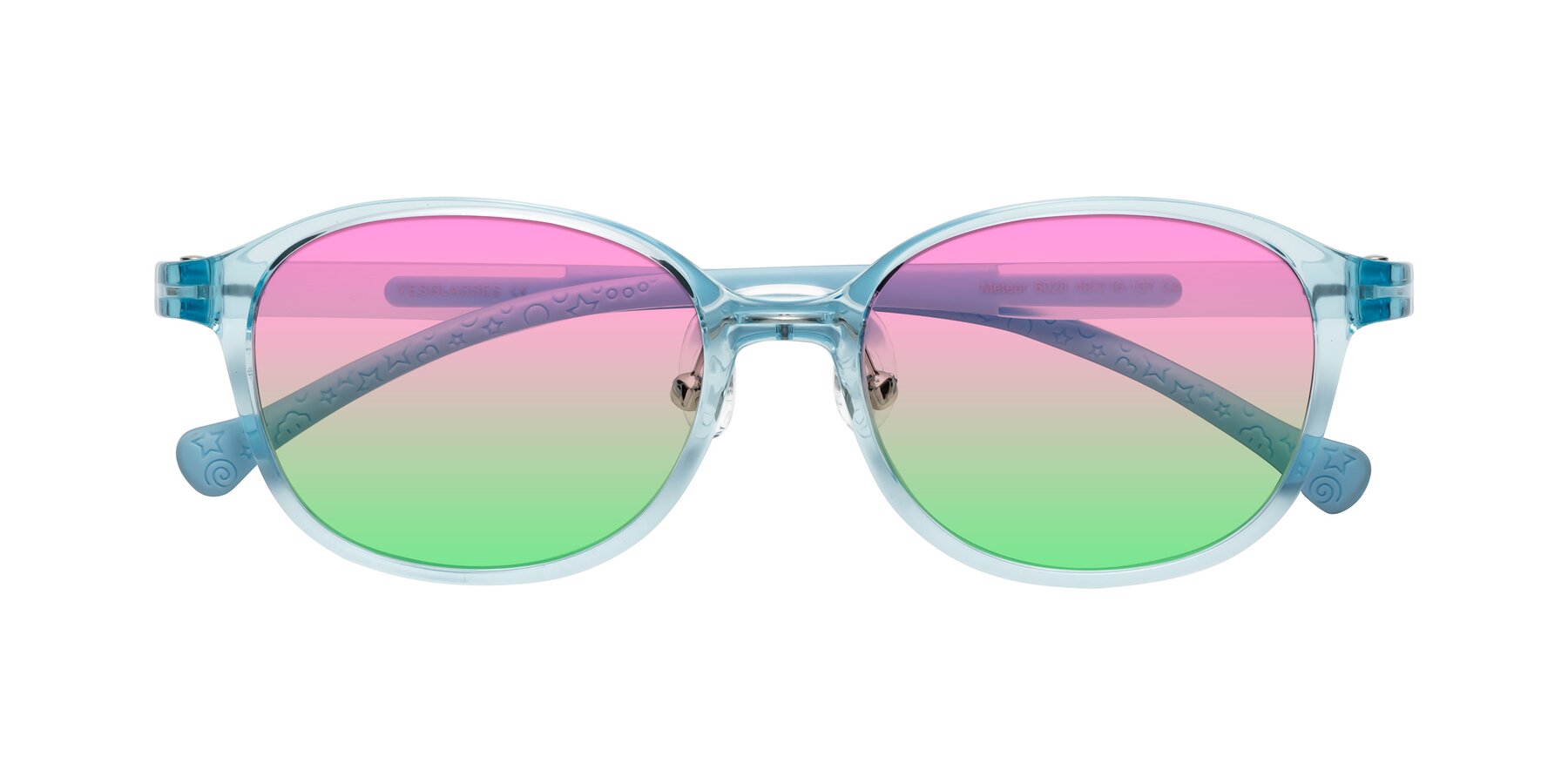 Folded Front of Meteor in Swimmer Blue with Pink / Green Gradient Lenses