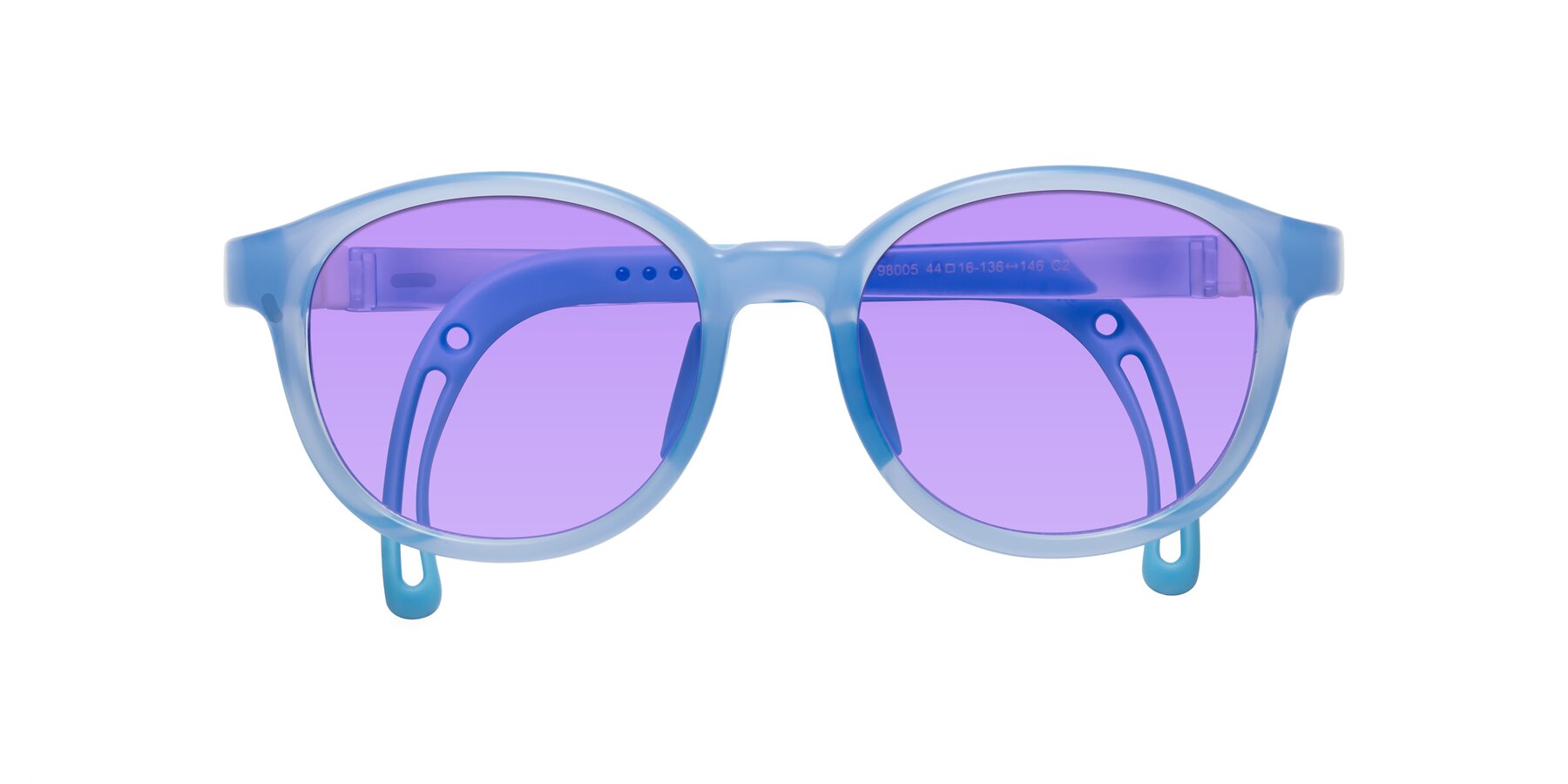 Folded Front of Anahid in Pilot Blue with Medium Purple Tinted Lenses