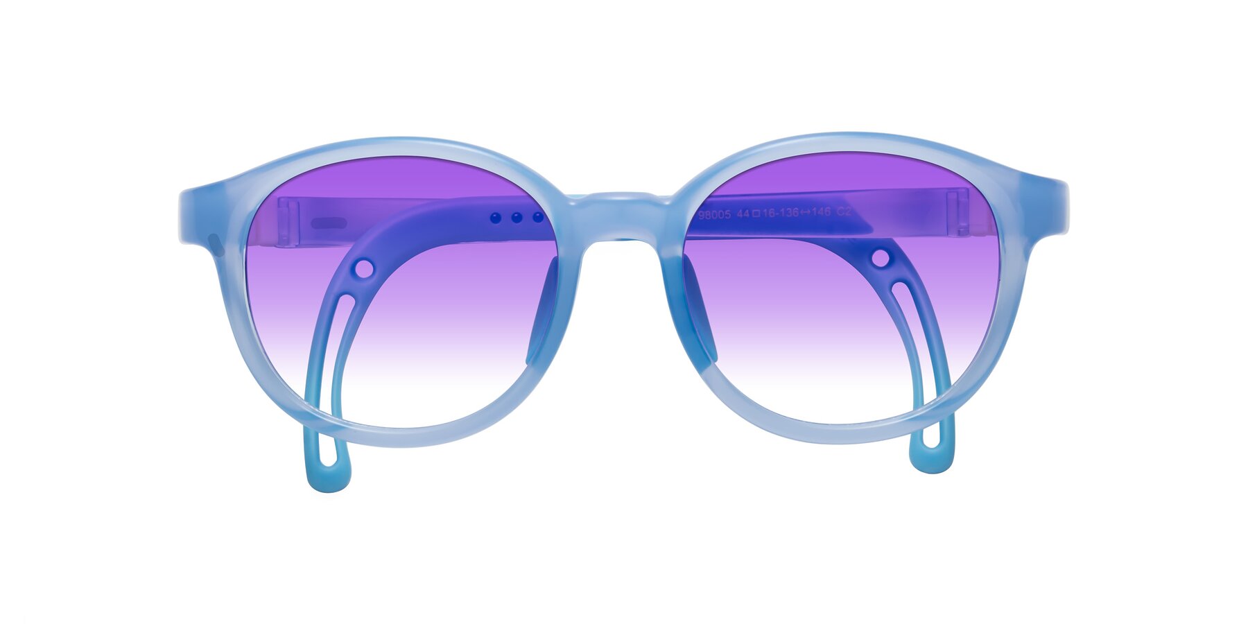 Folded Front of Anahid in Pilot Blue with Purple Gradient Lenses