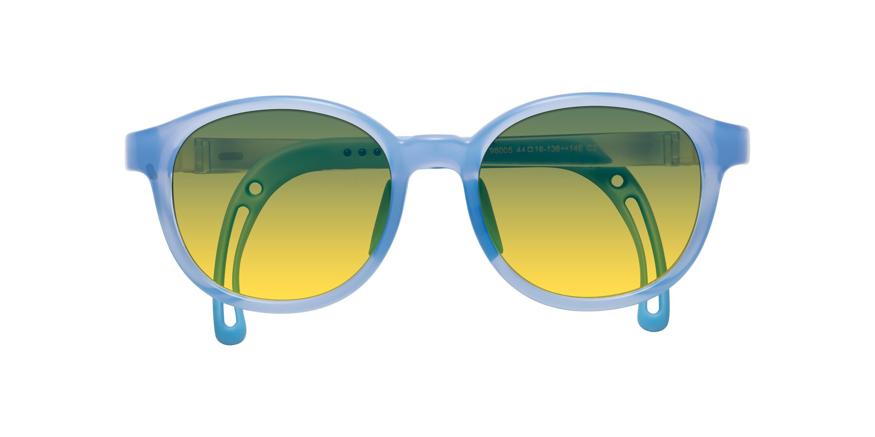 Folded Front of Anahid in Pilot Blue with Green / Yellow Gradient Lenses