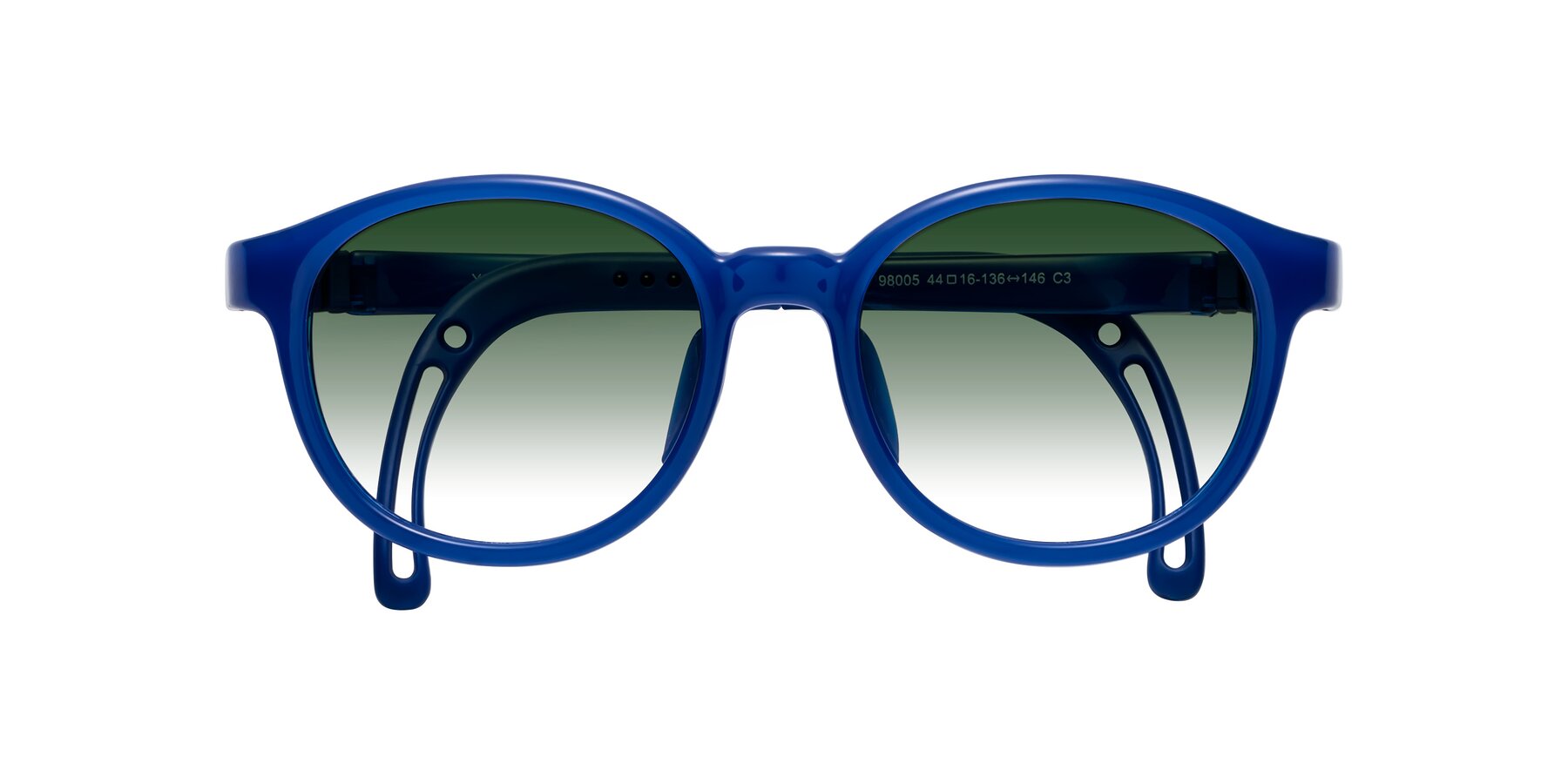 Folded Front of Anahid in Sailor Blue with Green Gradient Lenses