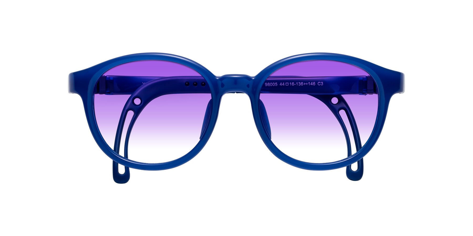 Folded Front of Anahid in Sailor Blue with Purple Gradient Lenses