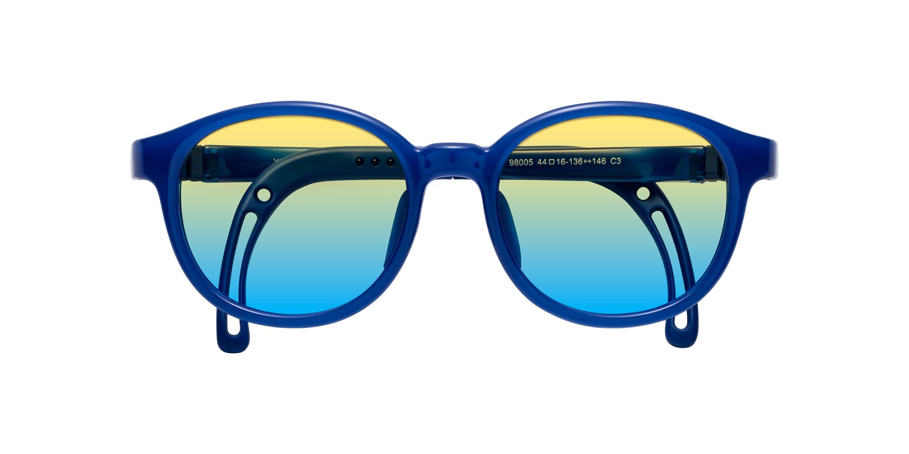 Folded Front of Anahid in Sailor Blue with Yellow / Blue Gradient Lenses