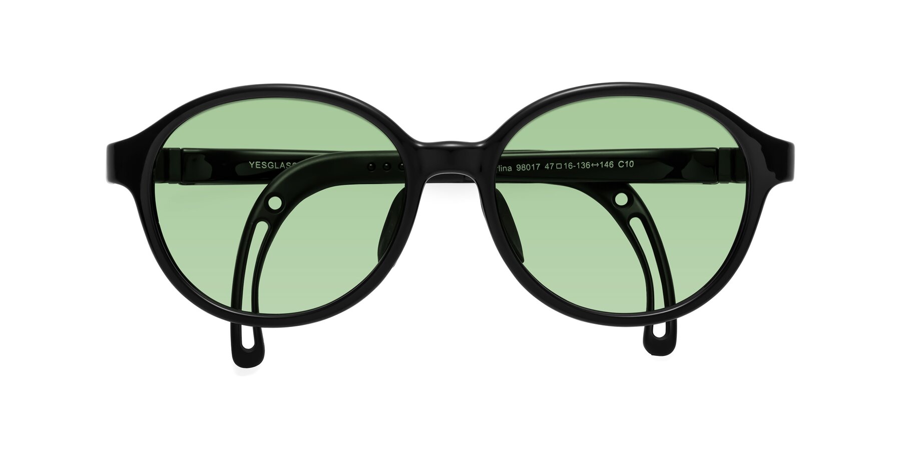 Folded Front of Zerlina in Ninja Black with Medium Green Tinted Lenses