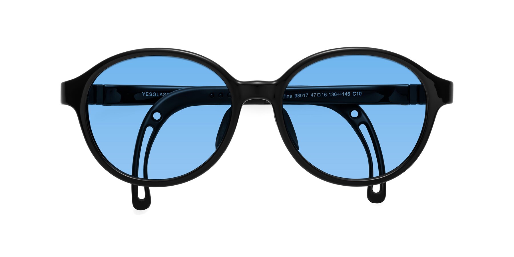 Folded Front of Zerlina in Ninja Black with Medium Blue Tinted Lenses