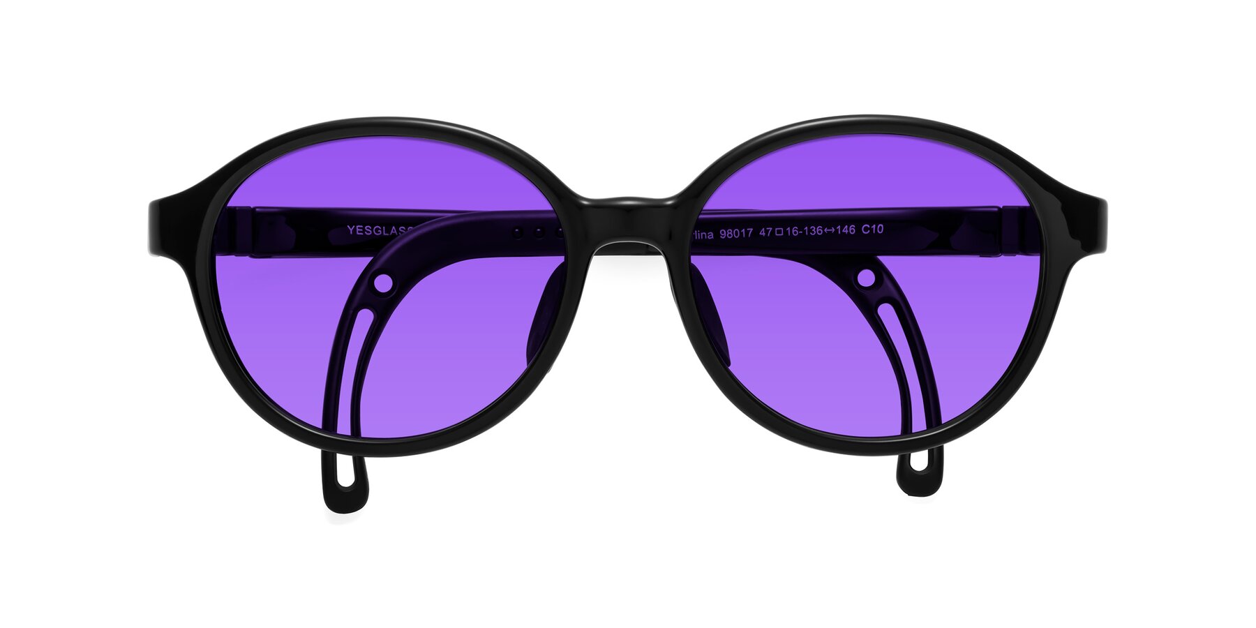 Folded Front of Zerlina in Ninja Black with Purple Tinted Lenses