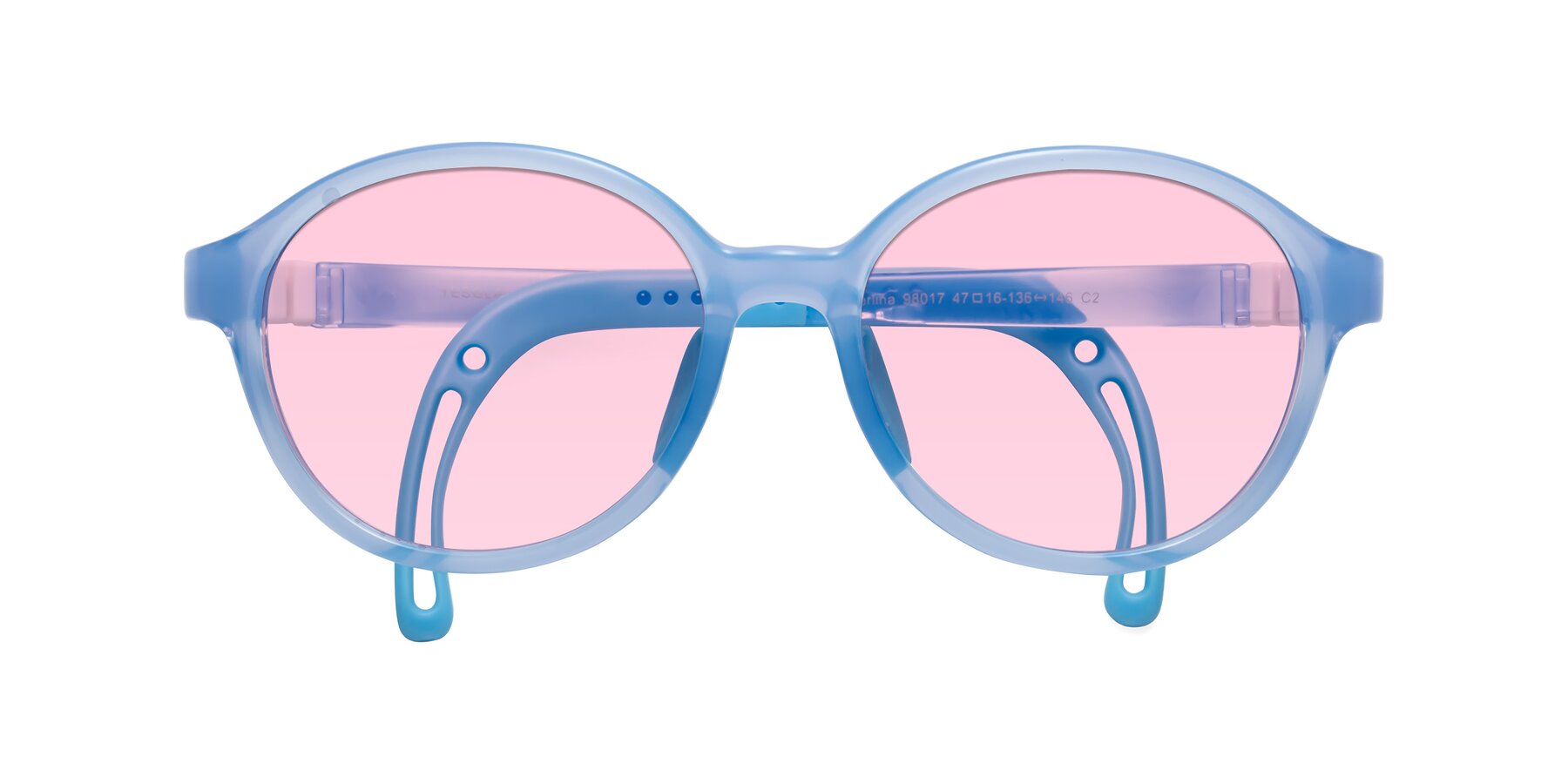 Folded Front of Zerlina in Pilot Blue with Light Pink Tinted Lenses