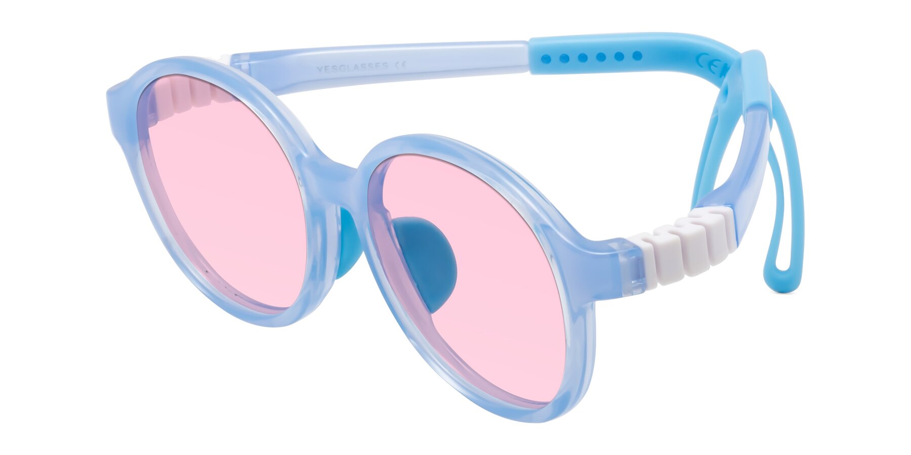 Angle of Zerlina in Pilot Blue with Light Pink Tinted Lenses