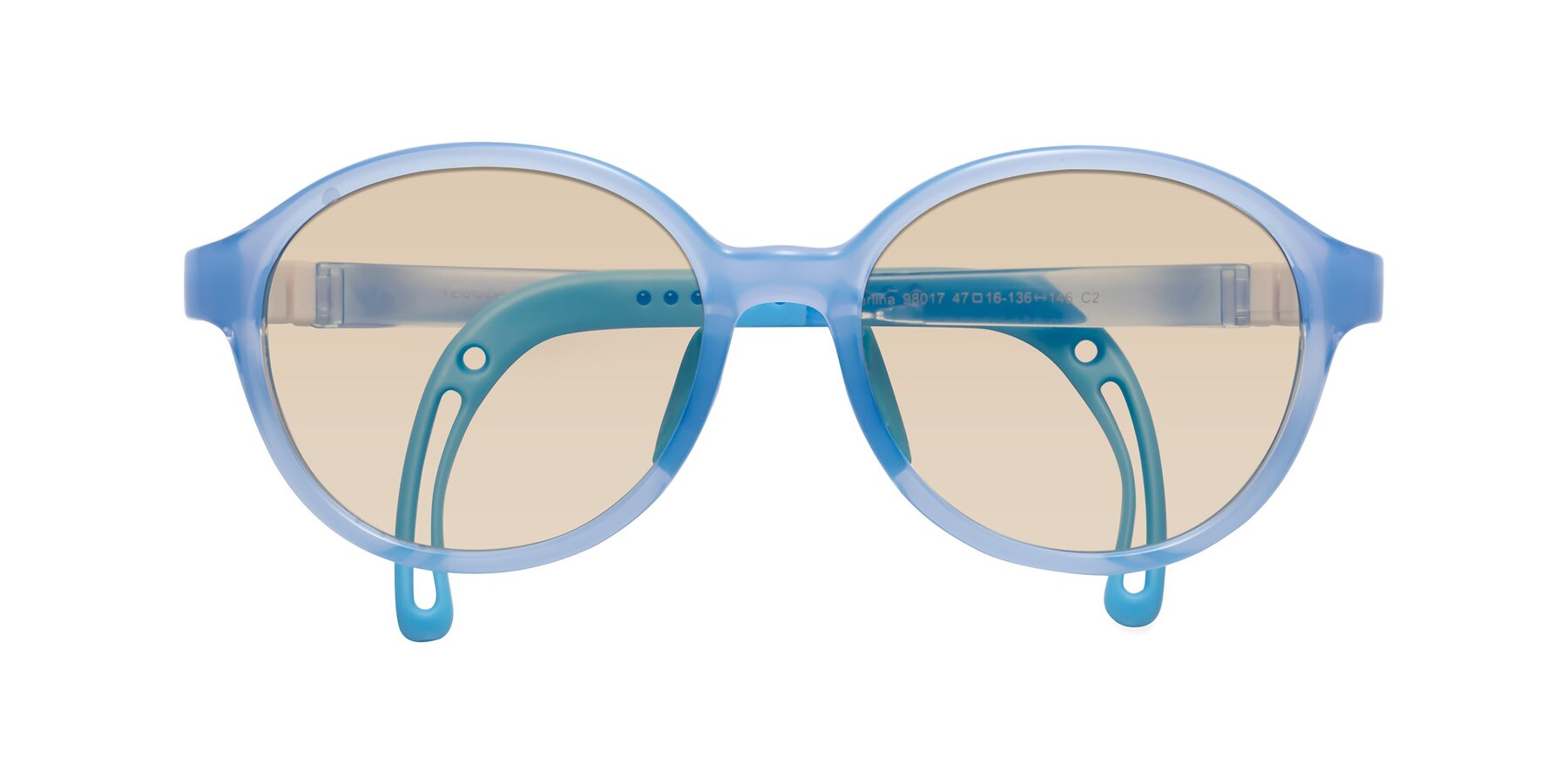 Folded Front of Zerlina in Pilot Blue with Light Brown Tinted Lenses