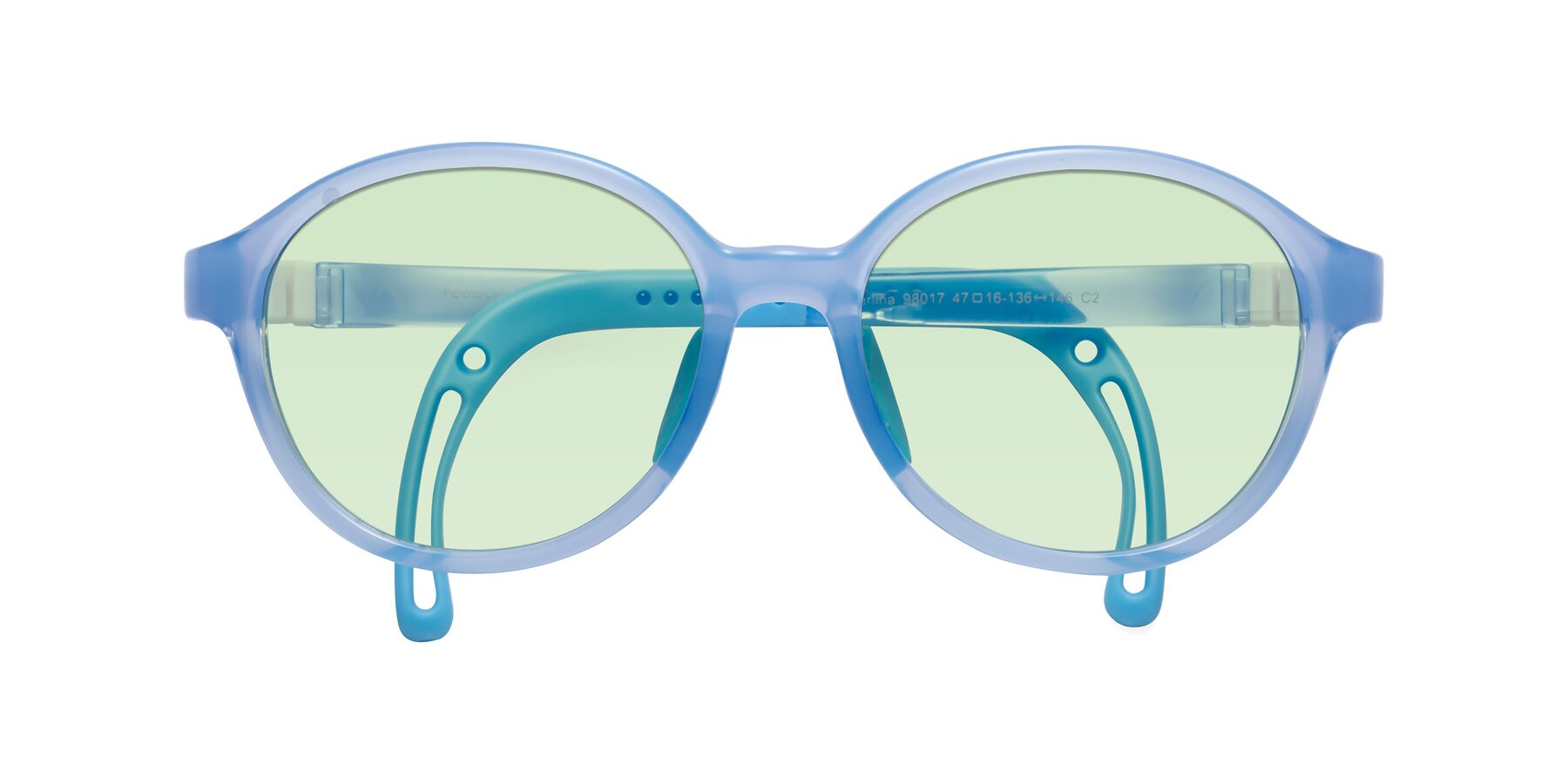 Folded Front of Zerlina in Pilot Blue with Light Green Tinted Lenses