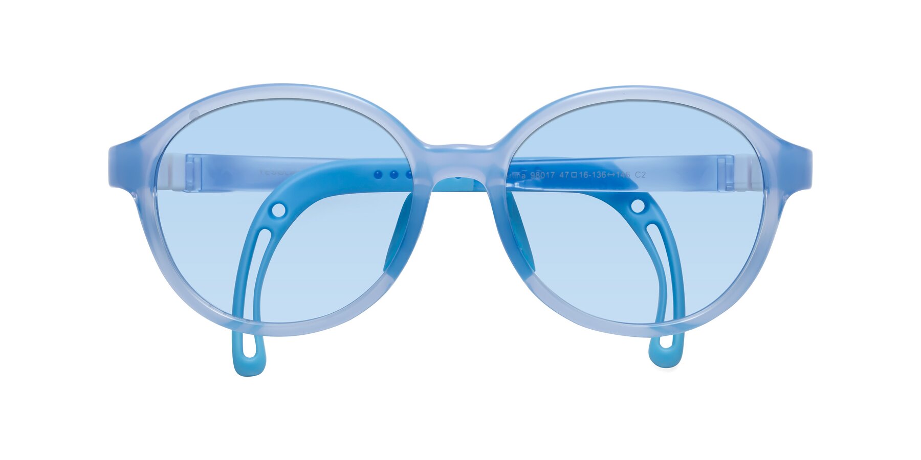 Folded Front of Zerlina in Pilot Blue with Light Blue Tinted Lenses