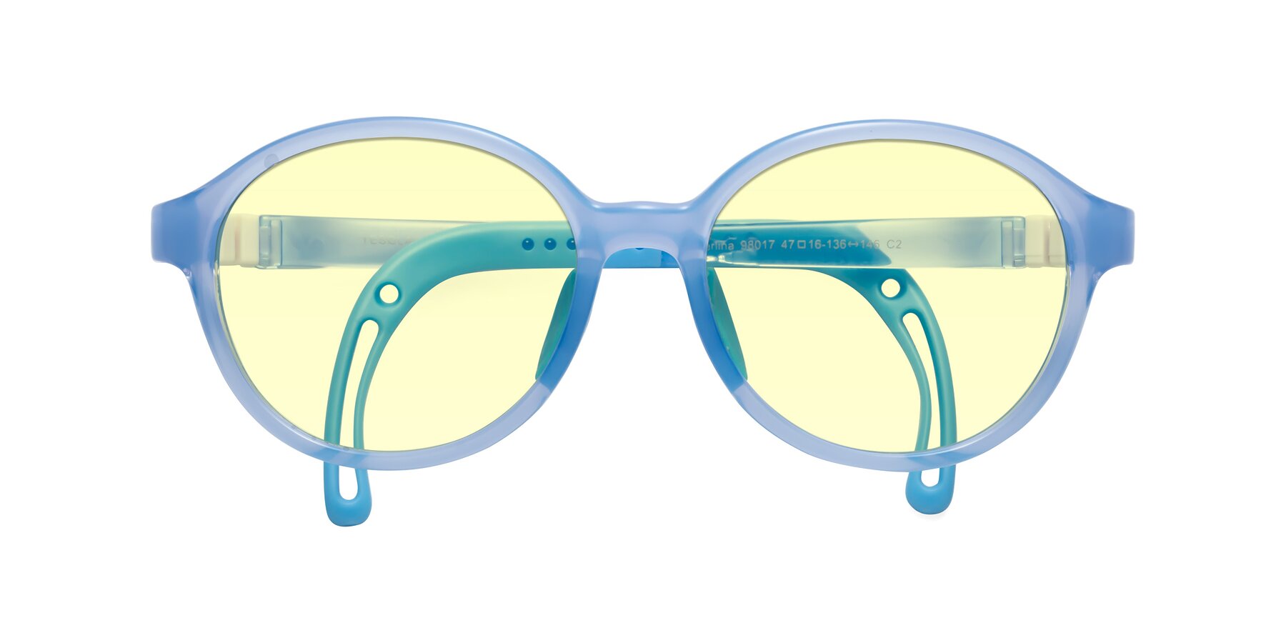 Folded Front of Zerlina in Pilot Blue with Light Yellow Tinted Lenses