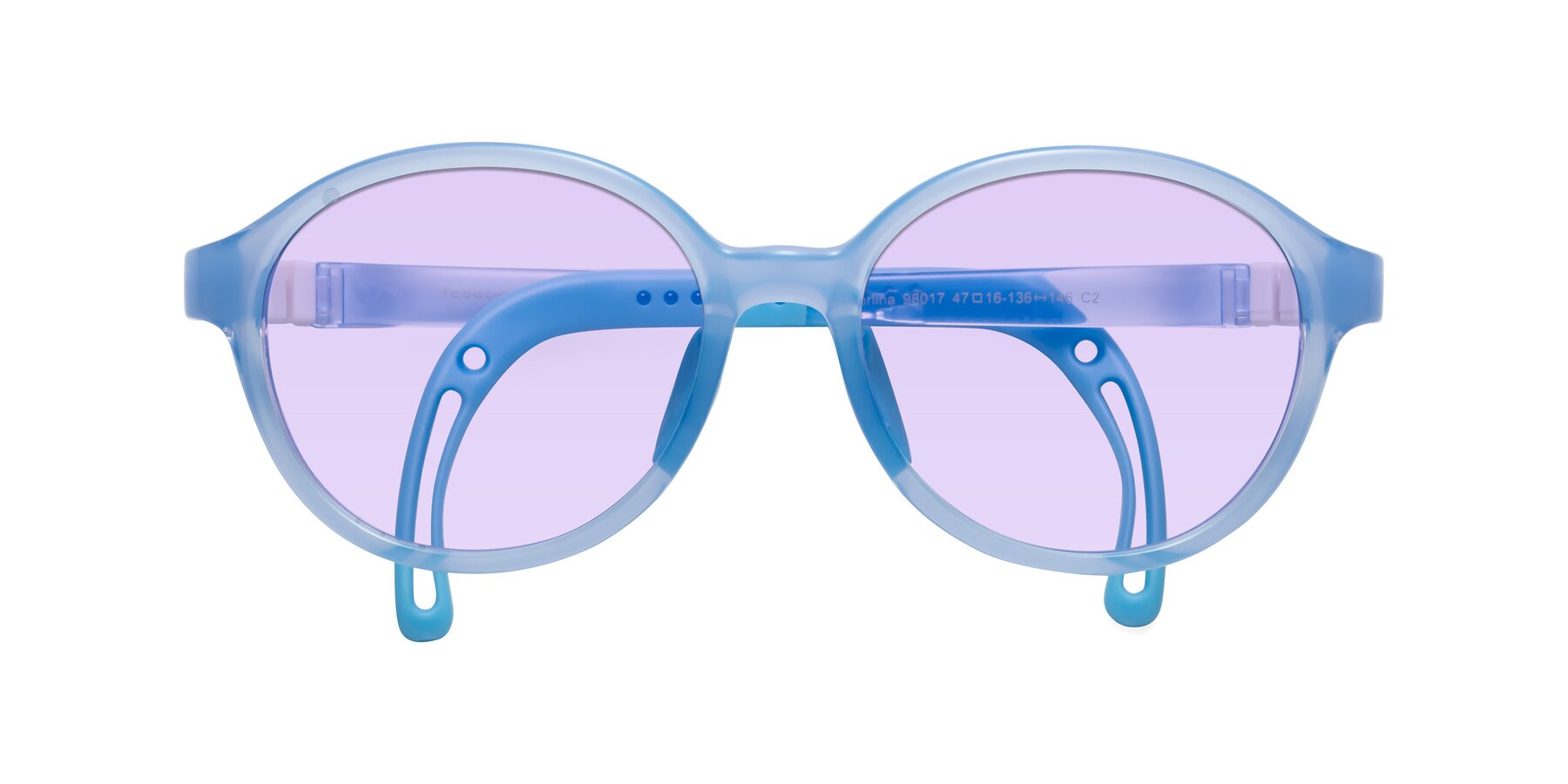 Folded Front of Zerlina in Pilot Blue with Light Purple Tinted Lenses