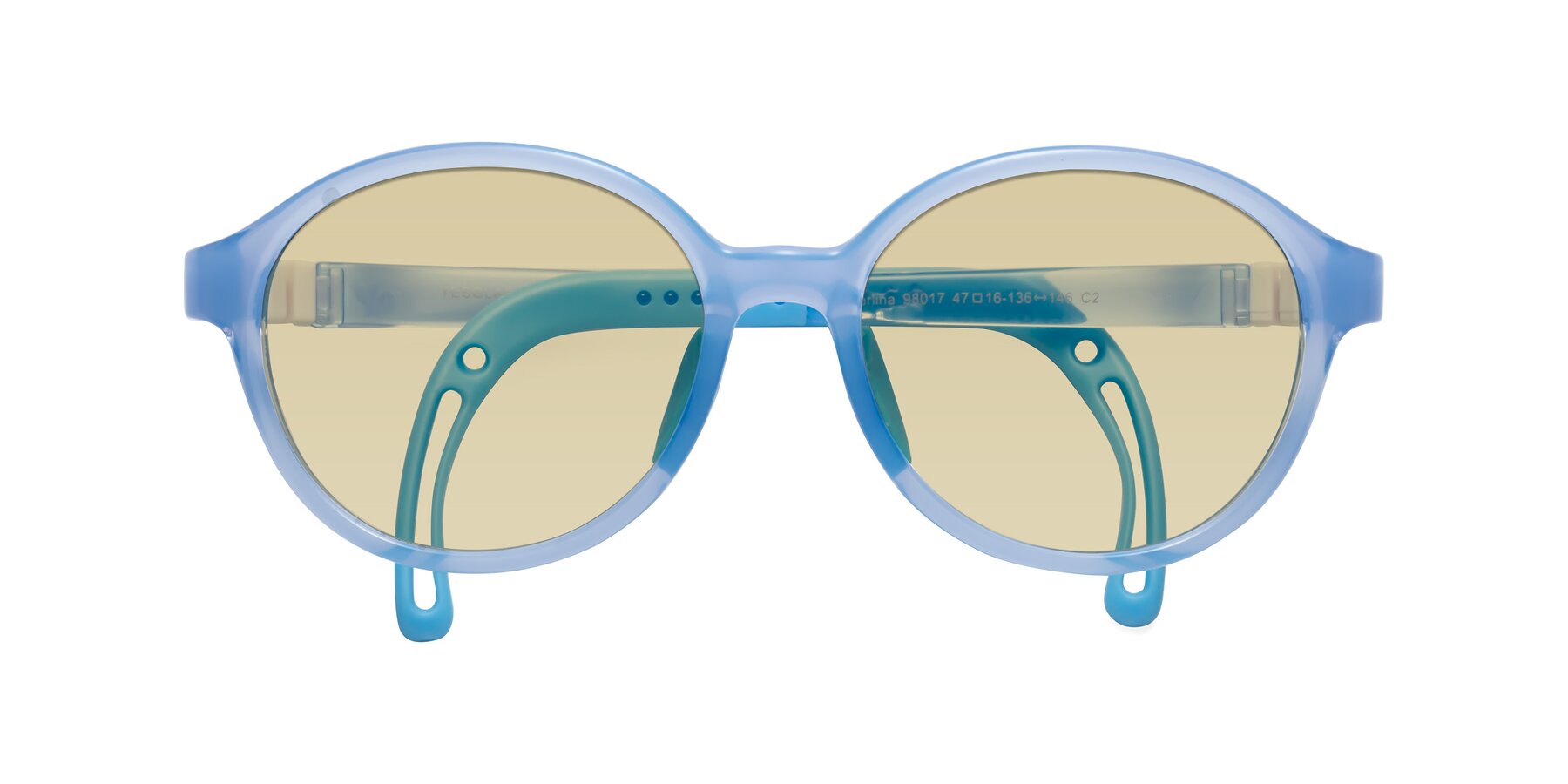 Folded Front of Zerlina in Pilot Blue with Light Champagne Tinted Lenses