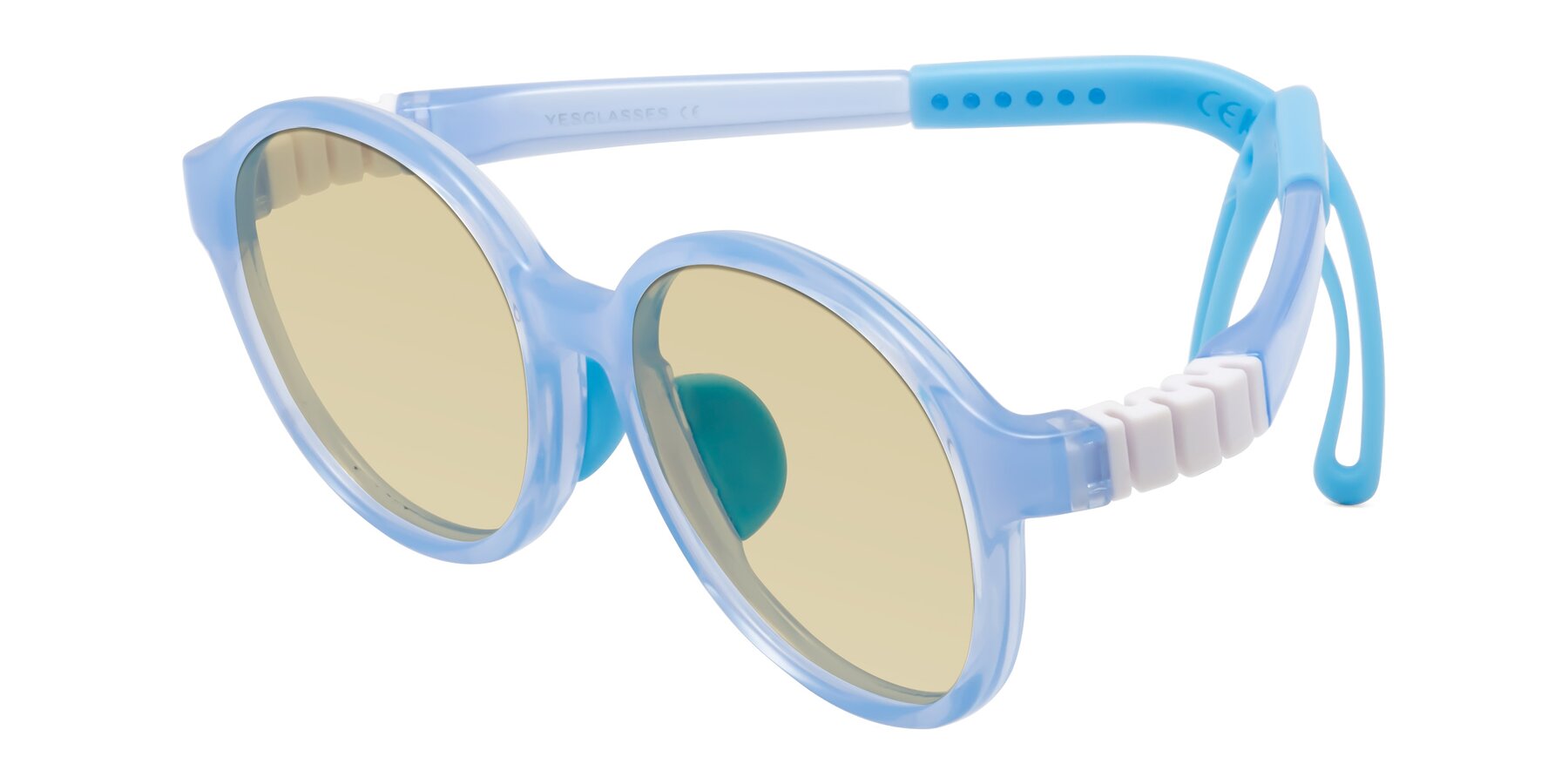 Angle of Zerlina in Pilot Blue with Light Champagne Tinted Lenses