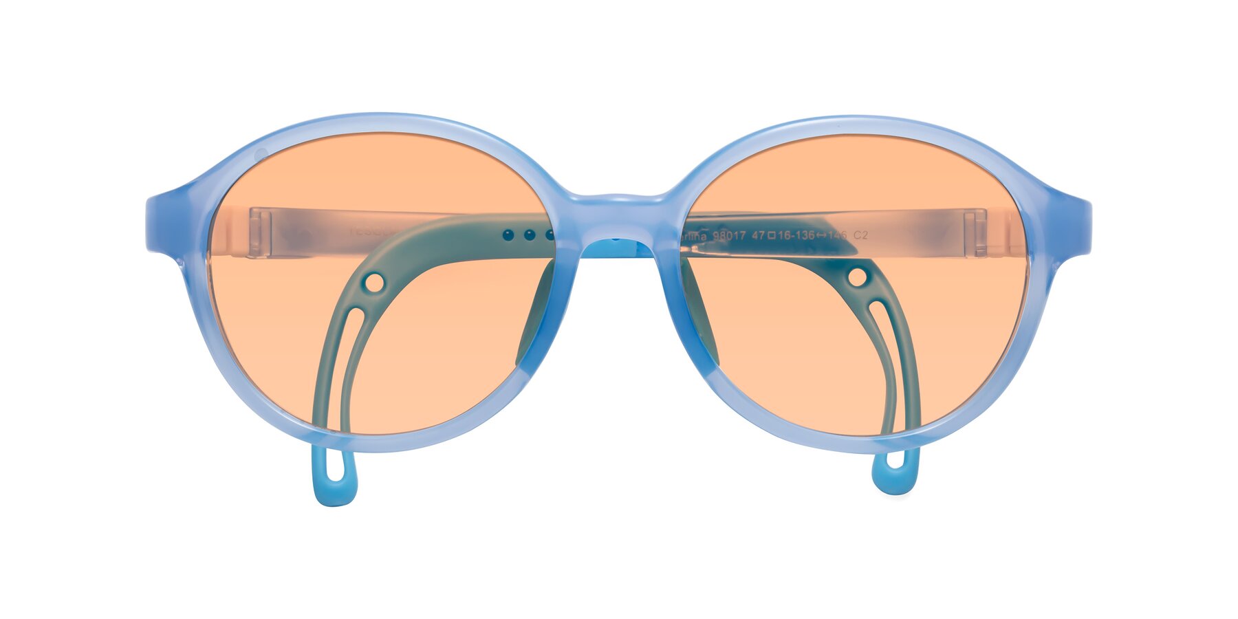 Folded Front of Zerlina in Pilot Blue with Light Orange Tinted Lenses