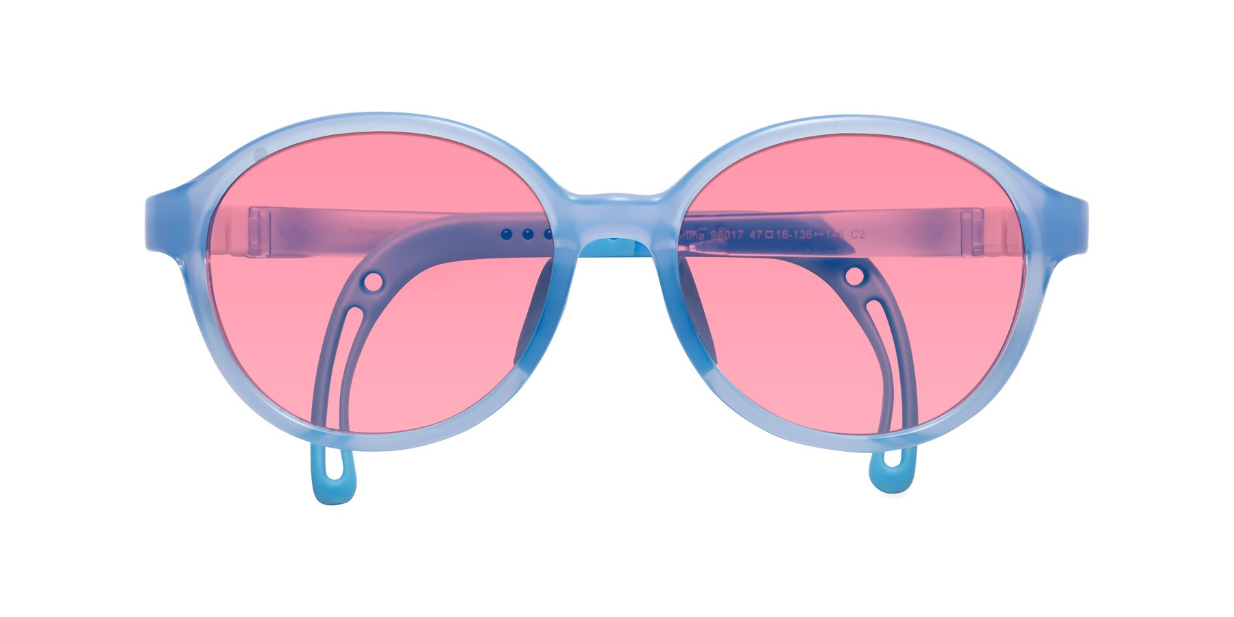 Folded Front of Zerlina in Pilot Blue with Pink Tinted Lenses