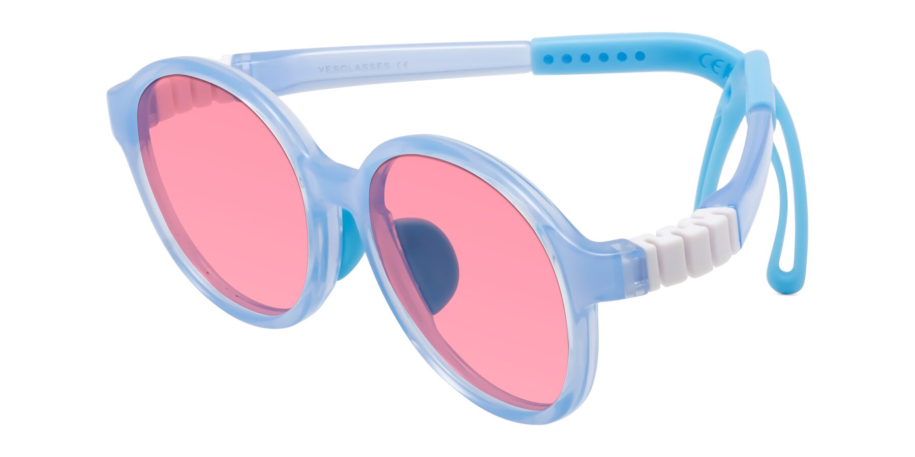 Angle of Zerlina in Pilot Blue with Pink Tinted Lenses