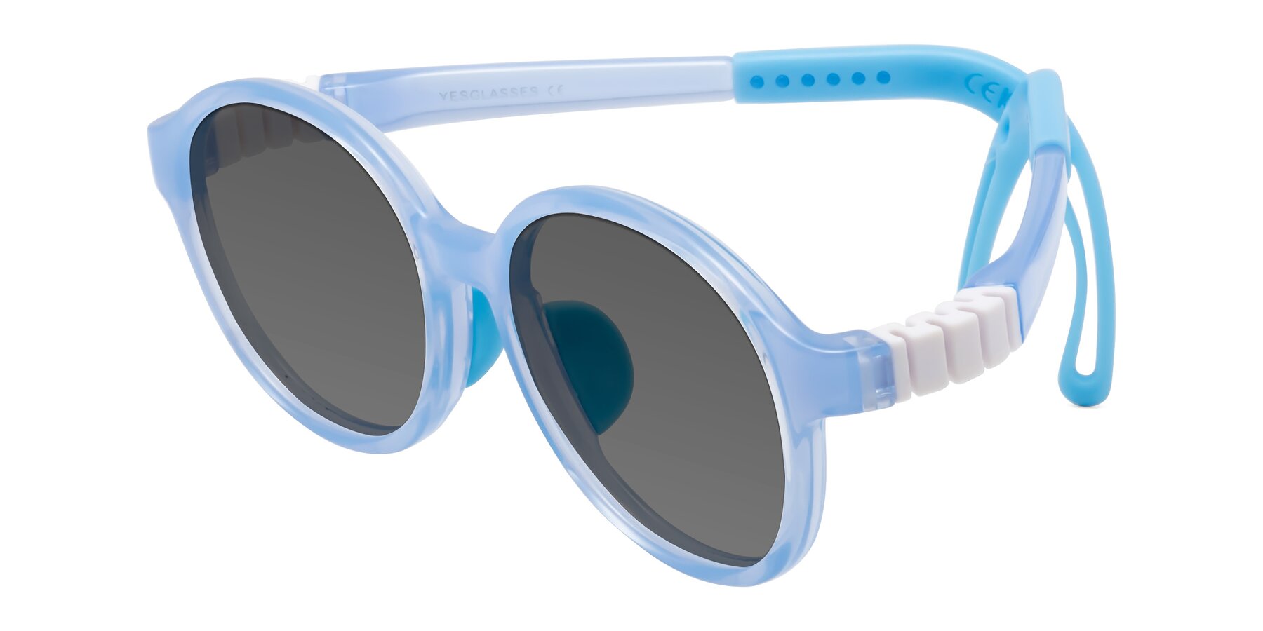 Angle of Zerlina in Pilot Blue with Medium Gray Tinted Lenses