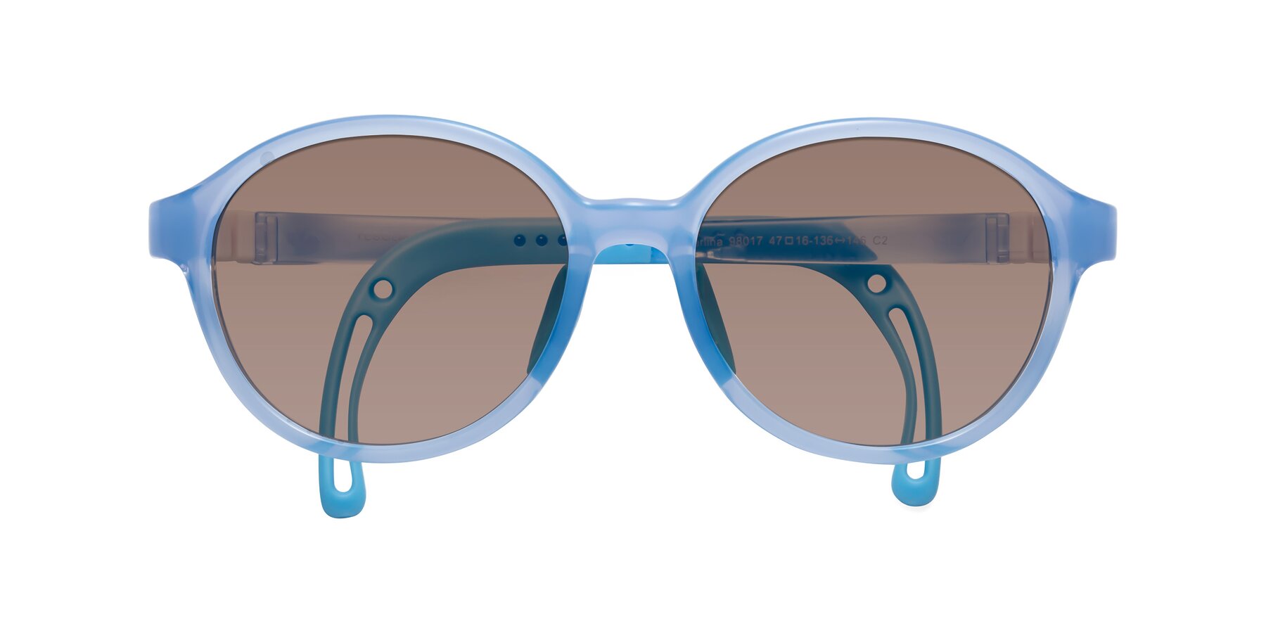 Folded Front of Zerlina in Pilot Blue with Medium Brown Tinted Lenses