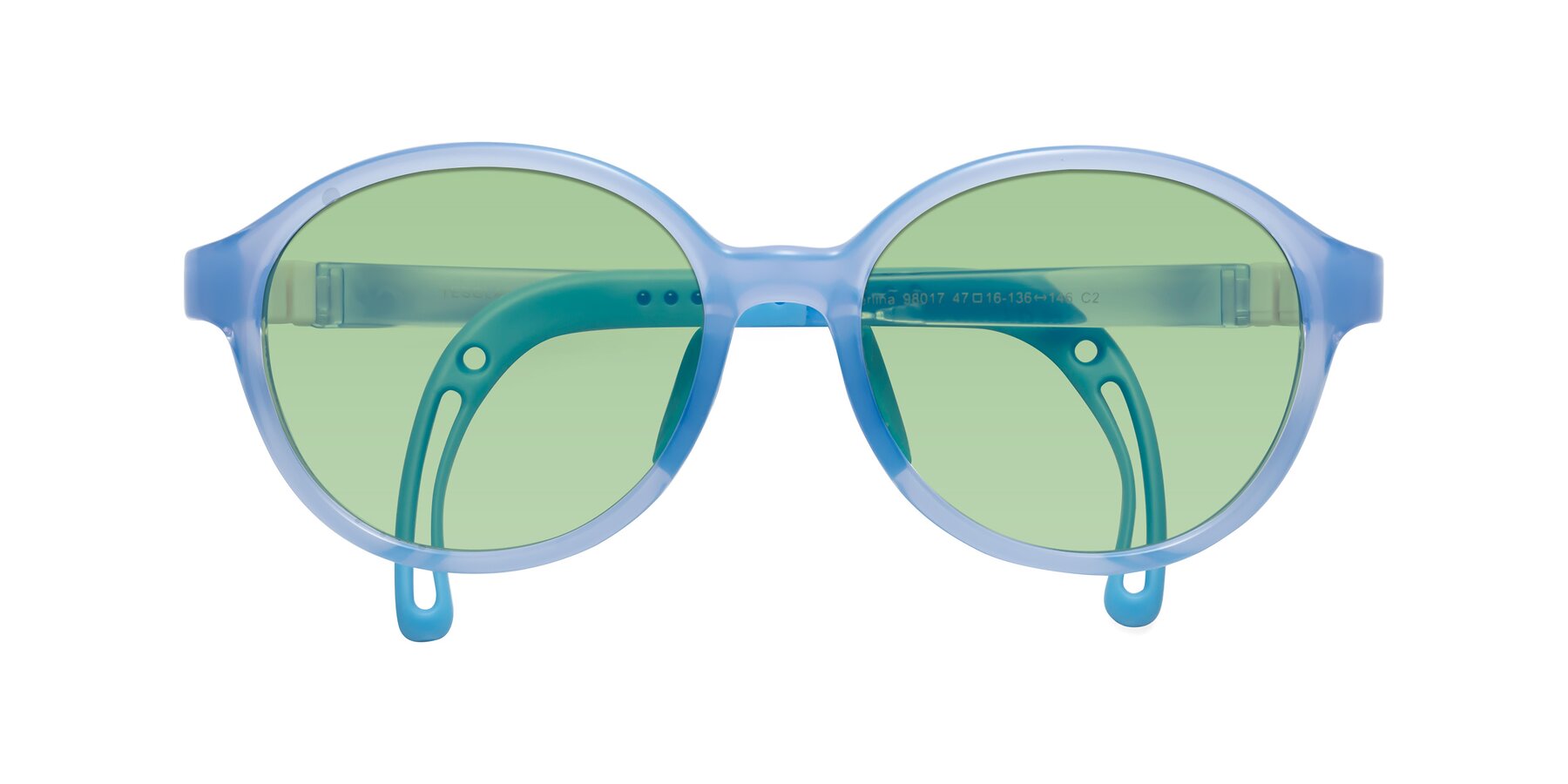 Folded Front of Zerlina in Pilot Blue with Medium Green Tinted Lenses