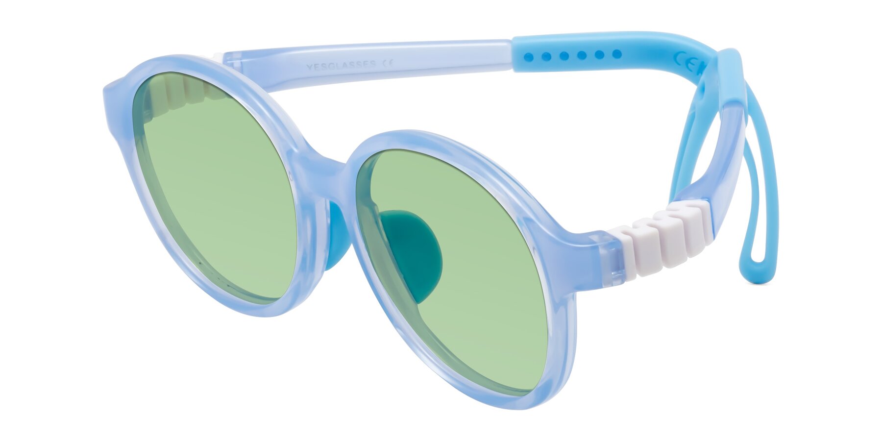 Angle of Zerlina in Pilot Blue with Medium Green Tinted Lenses