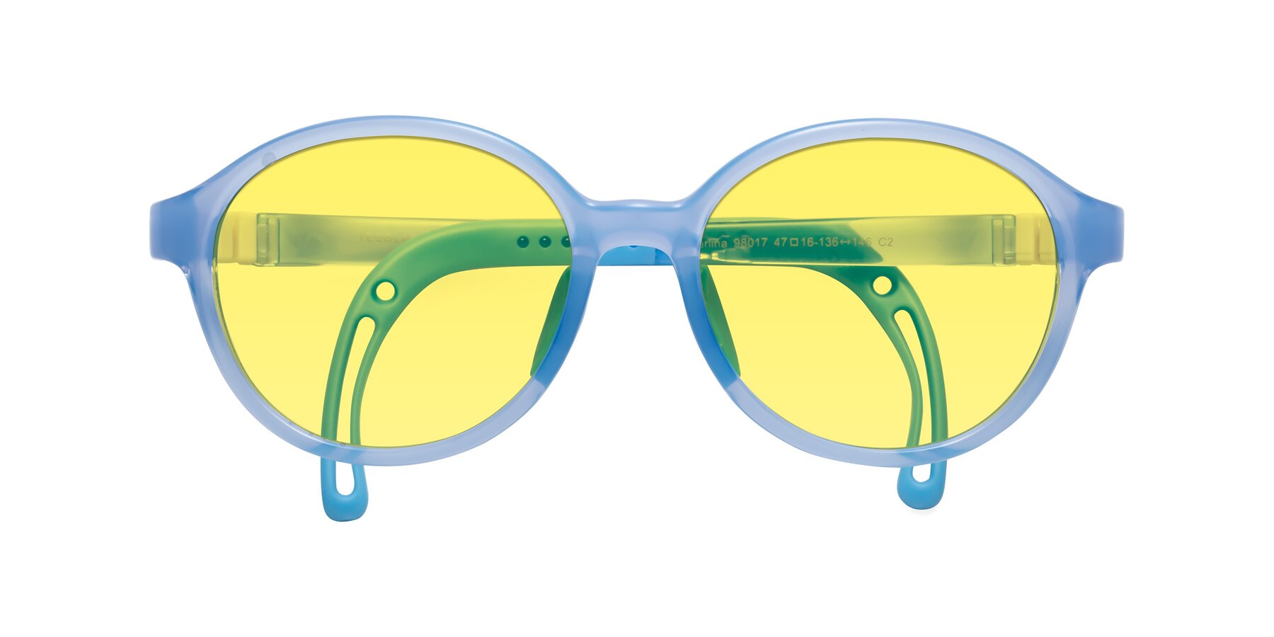 Folded Front of Zerlina in Pilot Blue with Medium Yellow Tinted Lenses