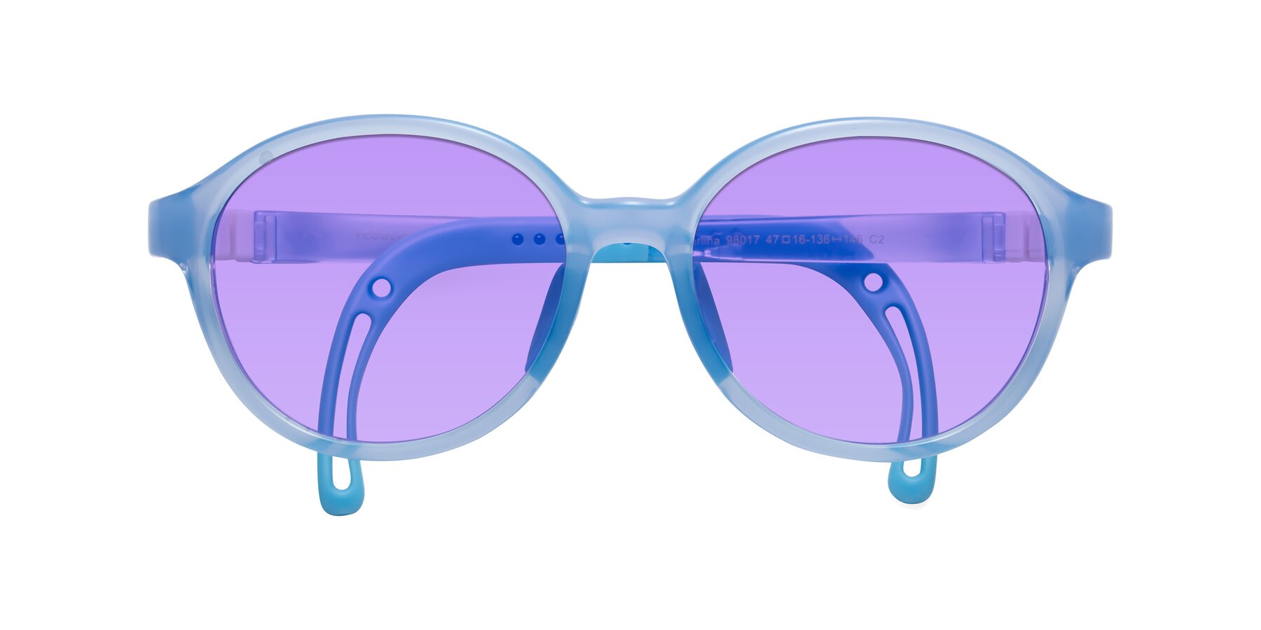 Folded Front of Zerlina in Pilot Blue with Medium Purple Tinted Lenses