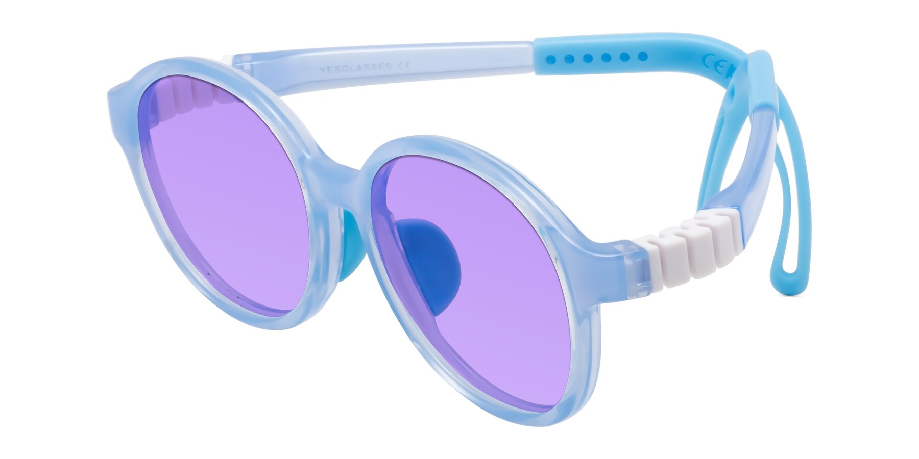 Angle of Zerlina in Pilot Blue with Medium Purple Tinted Lenses