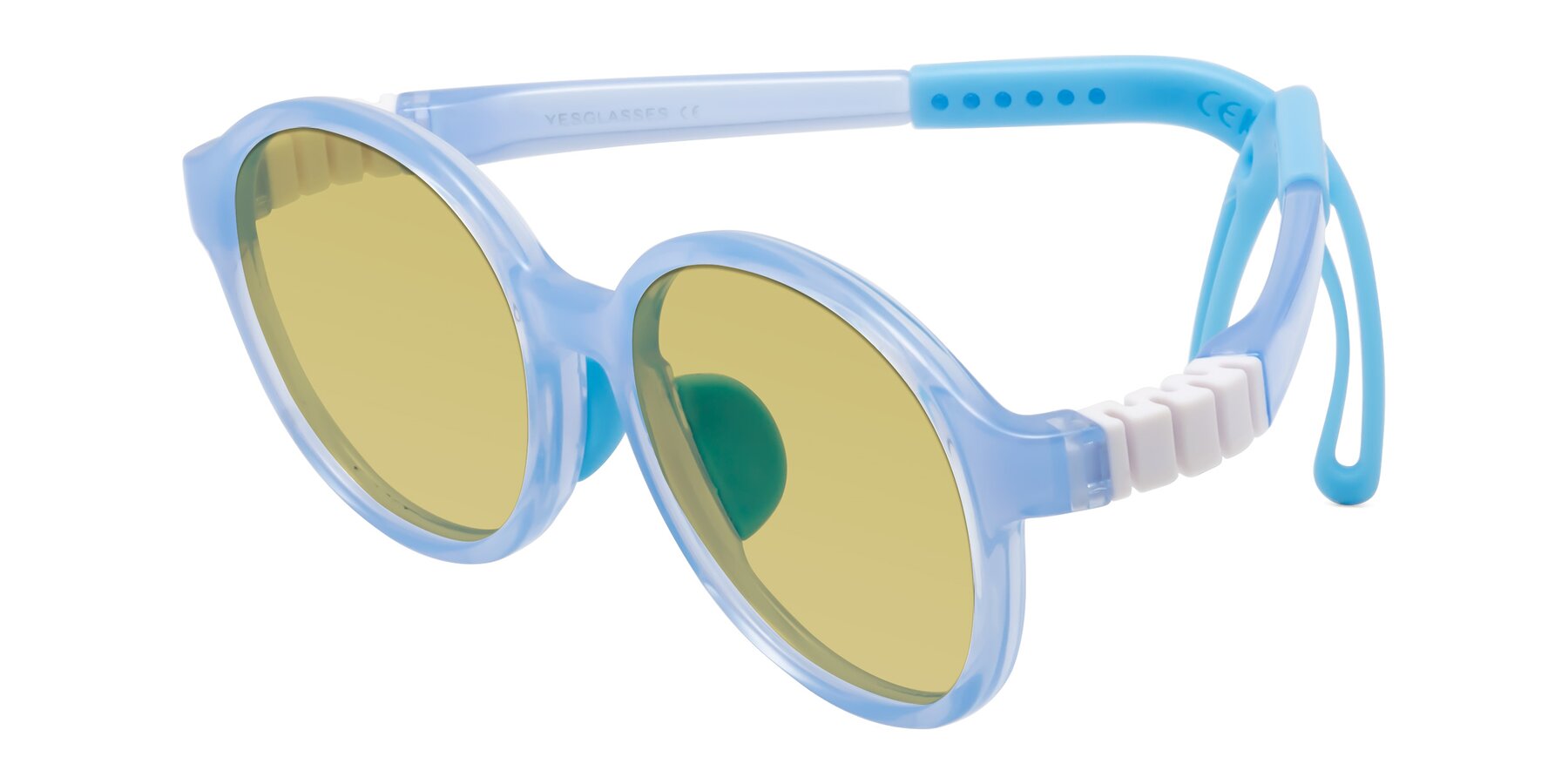 Angle of Zerlina in Pilot Blue with Medium Champagne Tinted Lenses