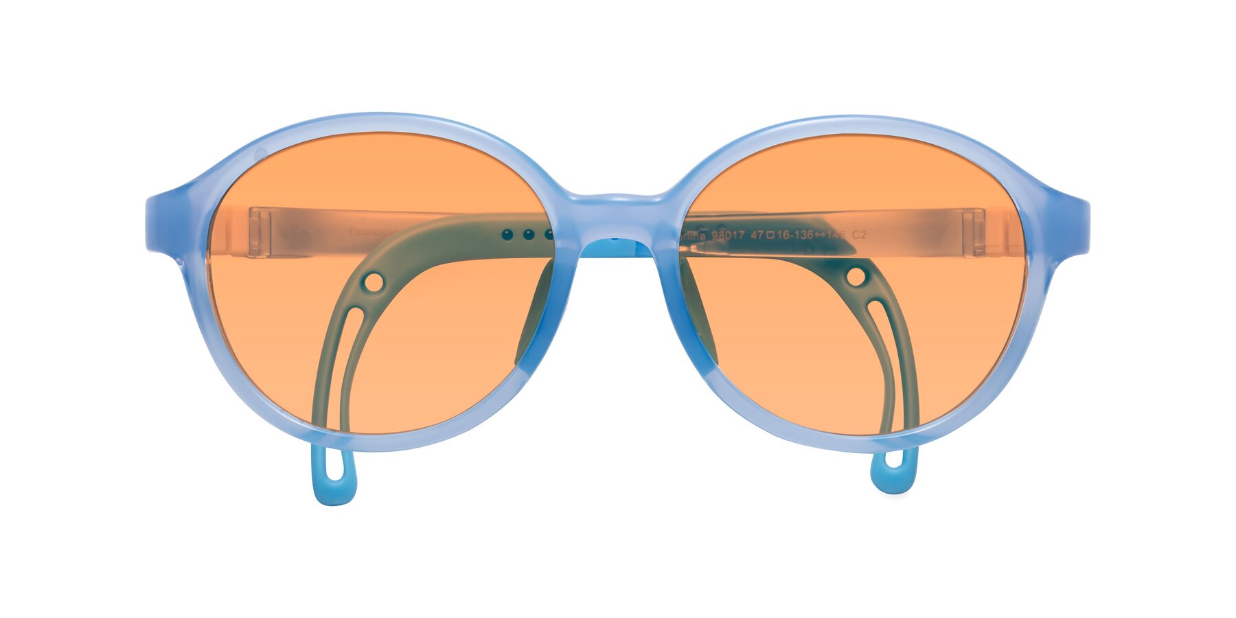 Folded Front of Zerlina in Pilot Blue with Medium Orange Tinted Lenses