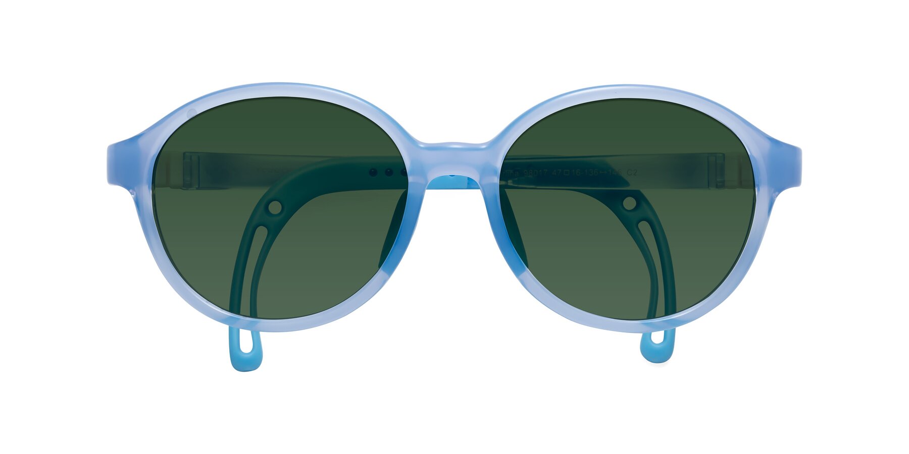 Folded Front of Zerlina in Pilot Blue with Green Tinted Lenses