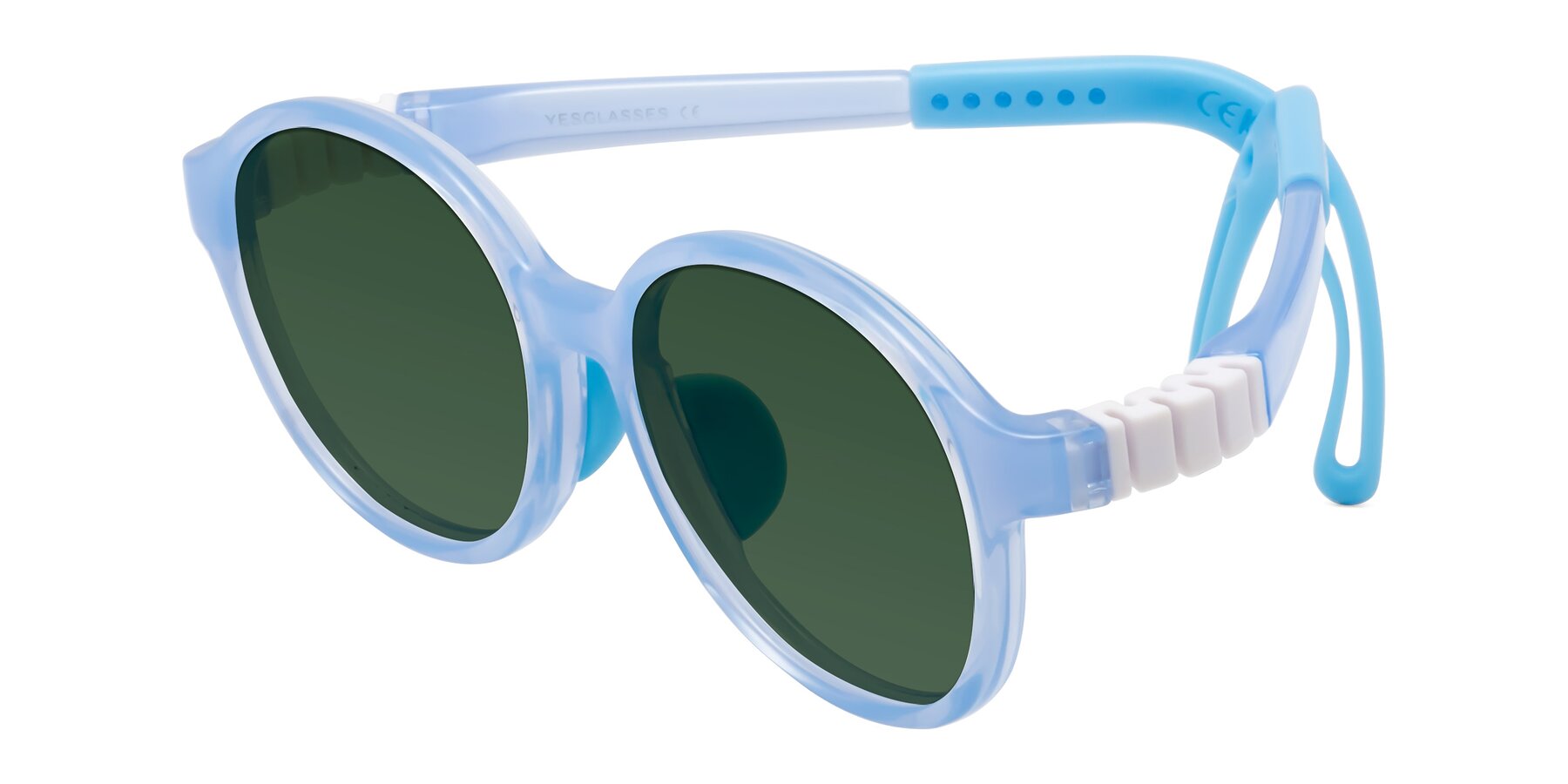 Angle of Zerlina in Pilot Blue with Green Tinted Lenses