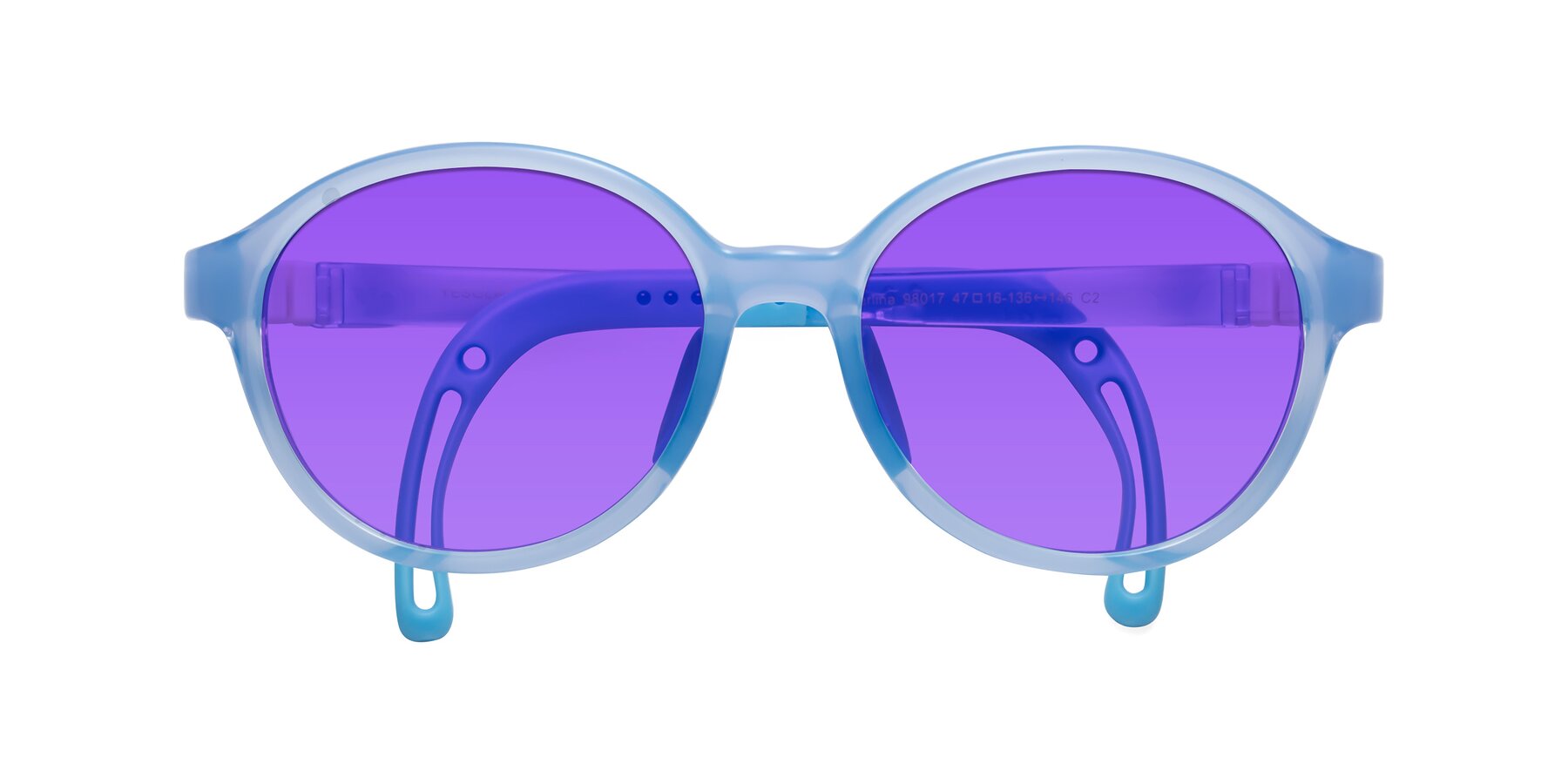 Folded Front of Zerlina in Pilot Blue with Purple Tinted Lenses