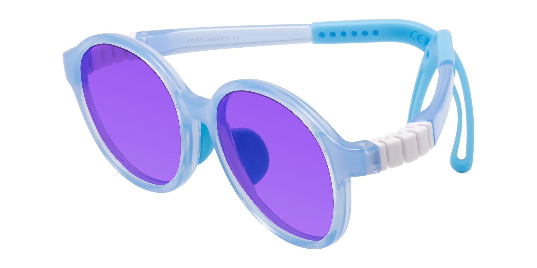 Angle of Zerlina in Pilot Blue with Purple Tinted Lenses