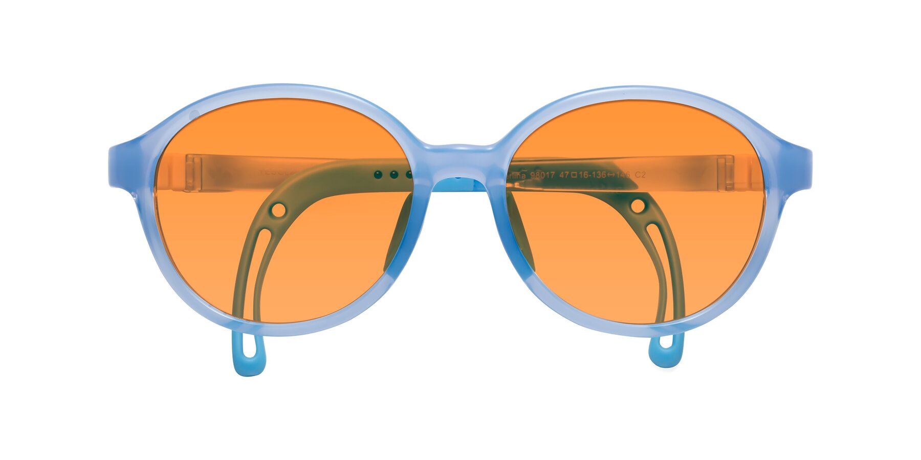 Folded Front of Zerlina in Pilot Blue with Orange Tinted Lenses