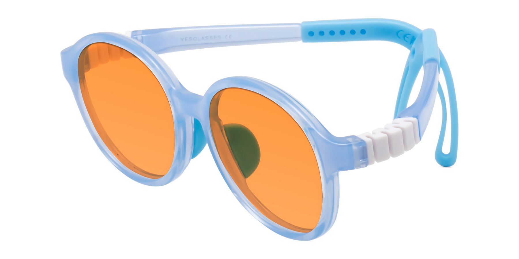 Angle of Zerlina in Pilot Blue with Orange Tinted Lenses