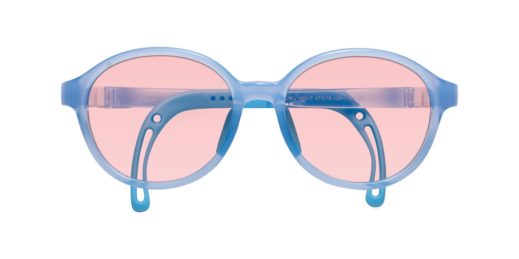 Folded Front of Zerlina in Pilot Blue with Light Garnet Tinted Lenses