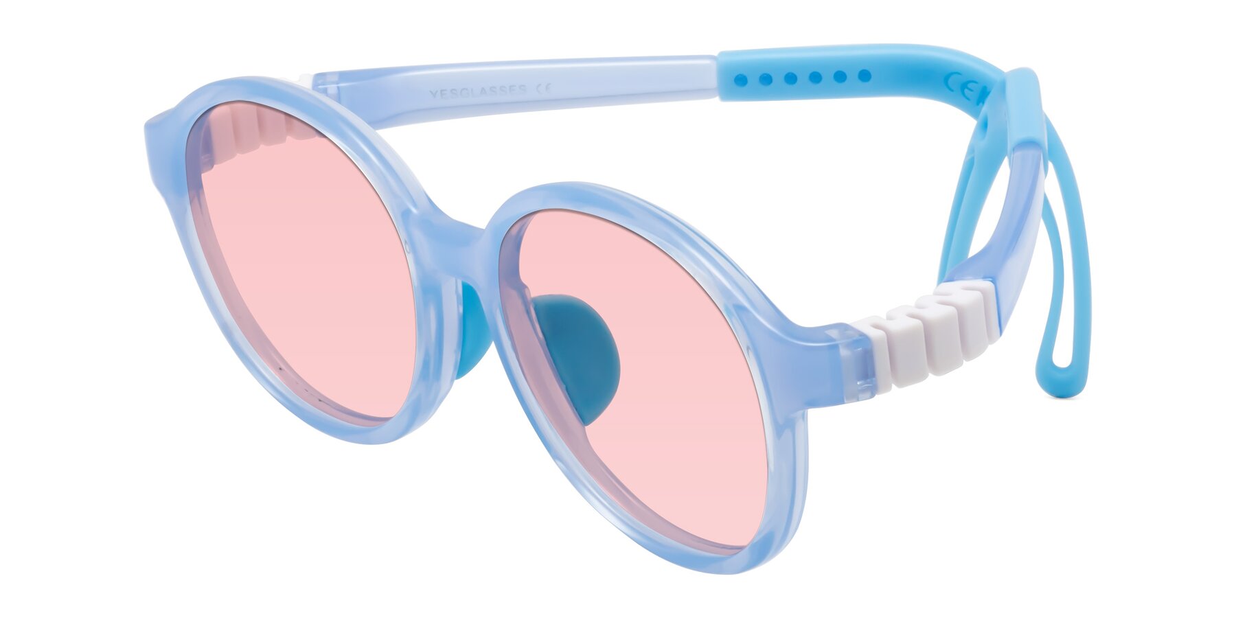 Angle of Zerlina in Pilot Blue with Light Garnet Tinted Lenses