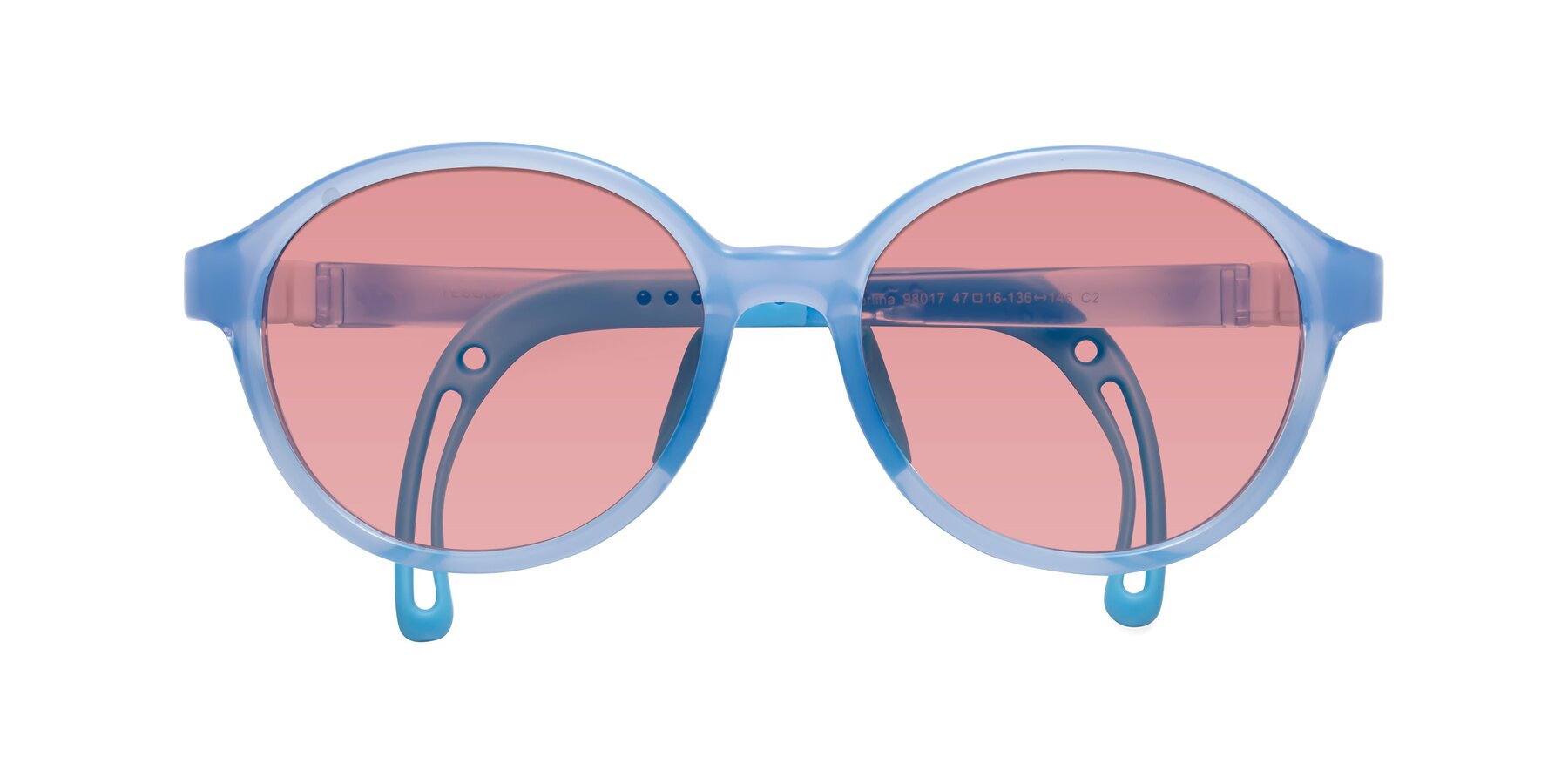 Folded Front of Zerlina in Pilot Blue with Medium Garnet Tinted Lenses