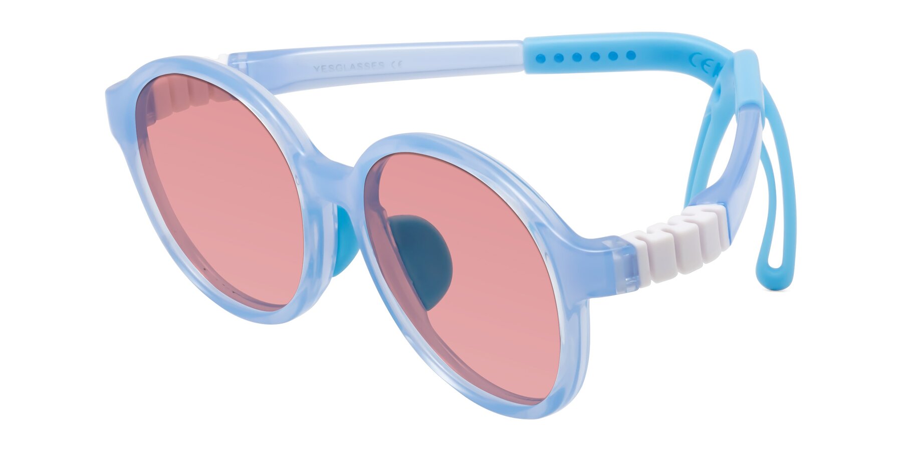 Angle of Zerlina in Pilot Blue with Medium Garnet Tinted Lenses