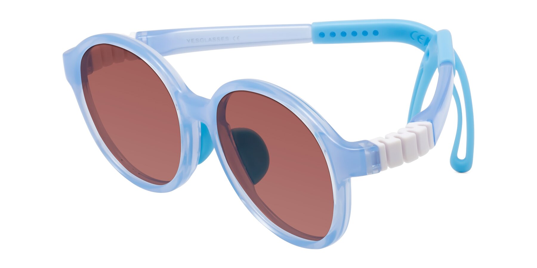 Angle of Zerlina in Pilot Blue with Garnet Tinted Lenses