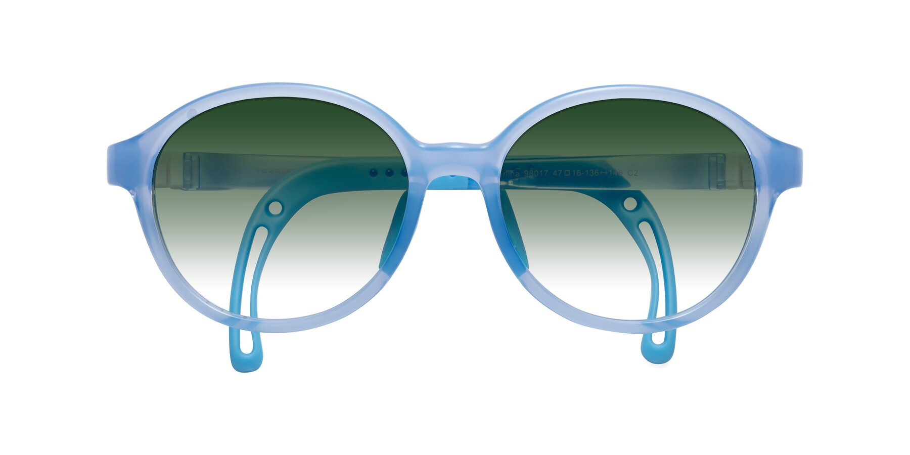 Folded Front of Zerlina in Pilot Blue with Green Gradient Lenses