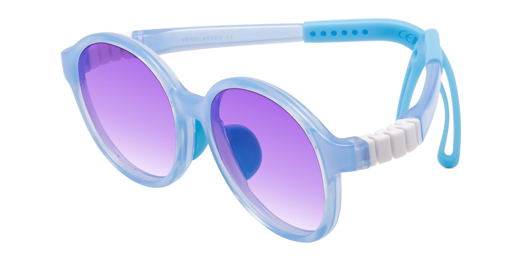 Angle of Zerlina in Pilot Blue with Purple Gradient Lenses