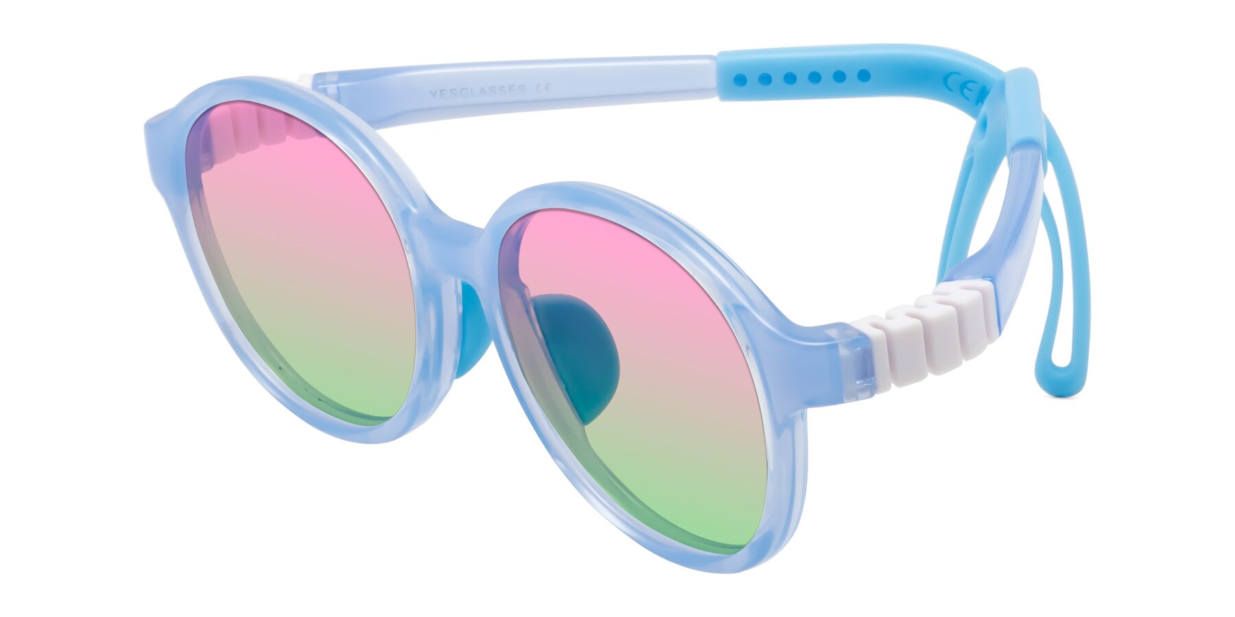 Angle of Zerlina in Pilot Blue with Pink / Green Gradient Lenses