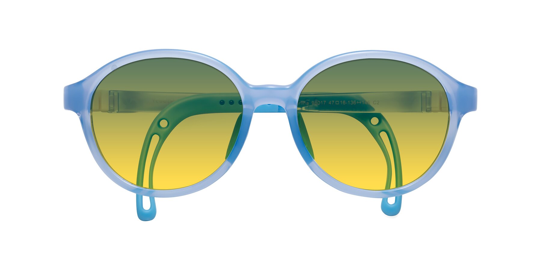 Folded Front of Zerlina in Pilot Blue with Green / Yellow Gradient Lenses