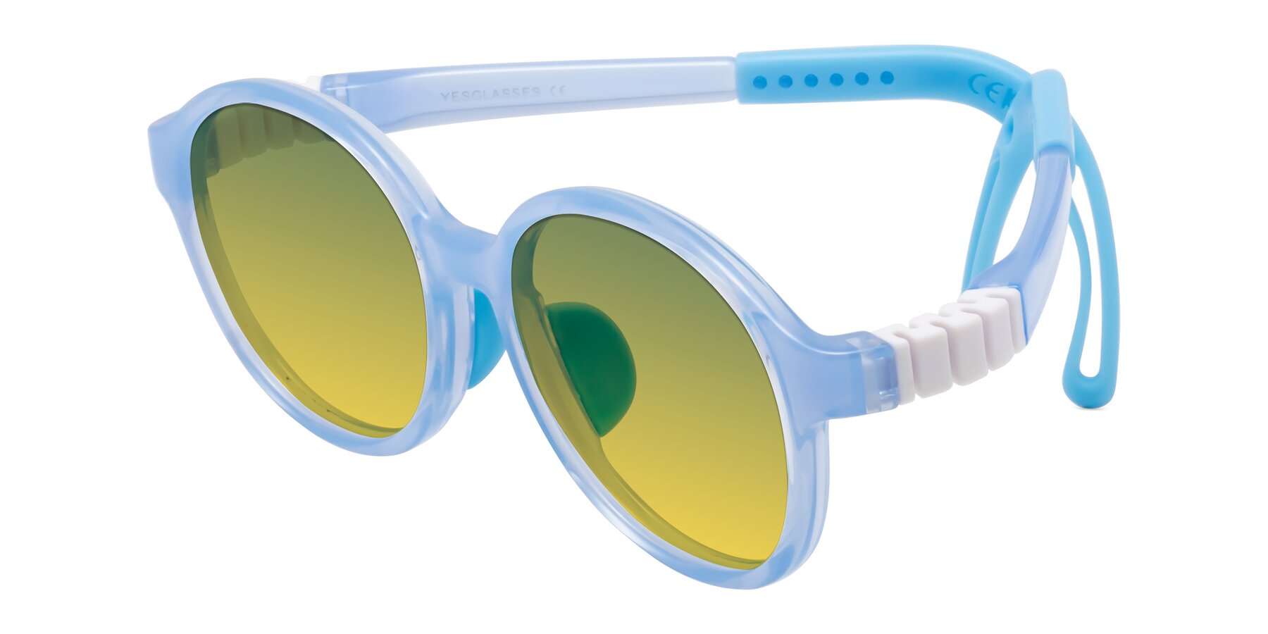 Angle of Zerlina in Pilot Blue with Green / Yellow Gradient Lenses