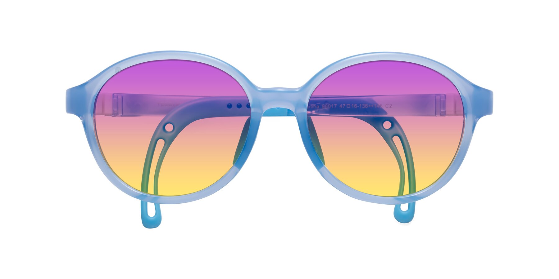 Folded Front of Zerlina in Pilot Blue with Purple / Yellow Gradient Lenses