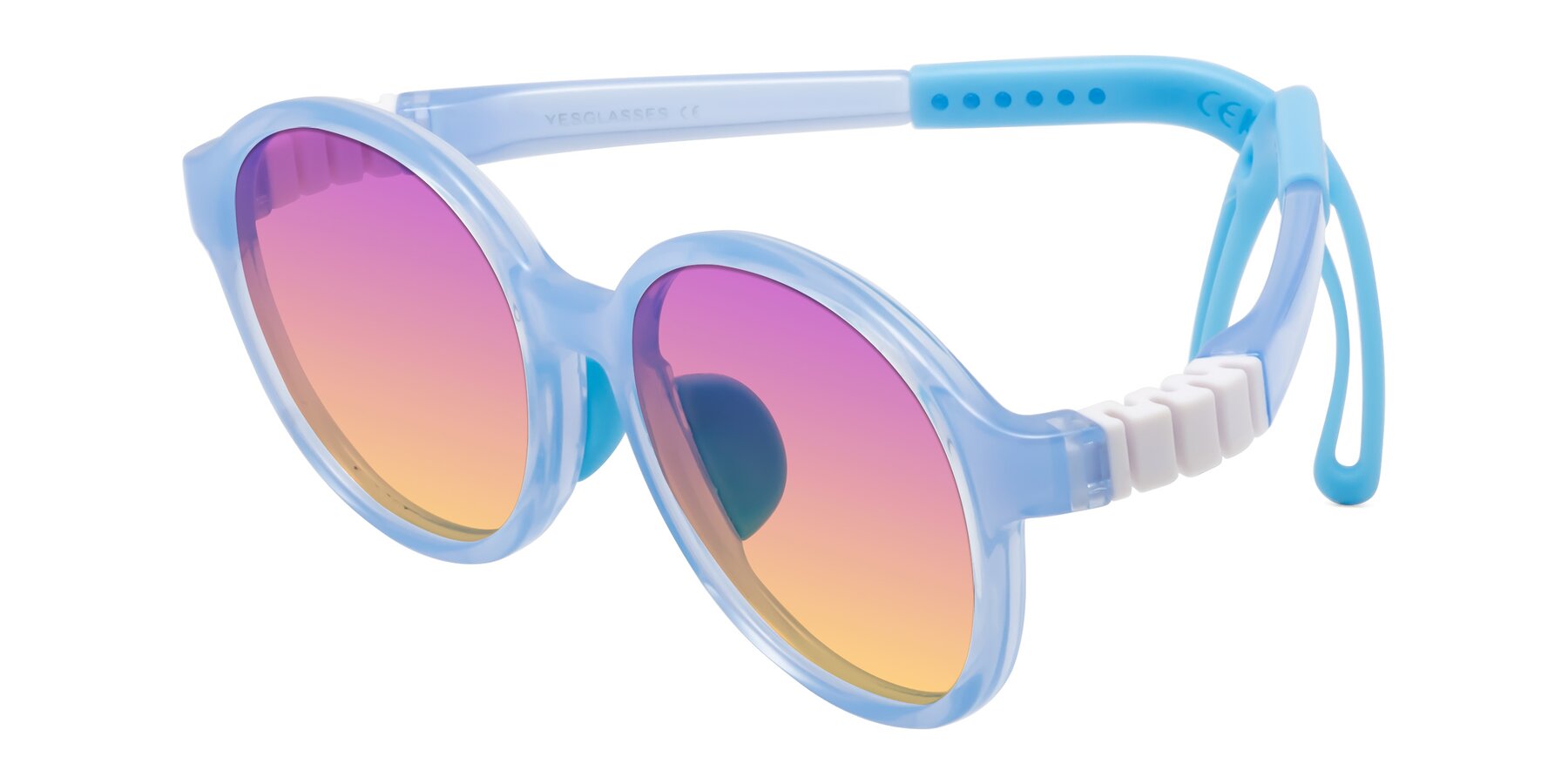 Angle of Zerlina in Pilot Blue with Purple / Yellow Gradient Lenses